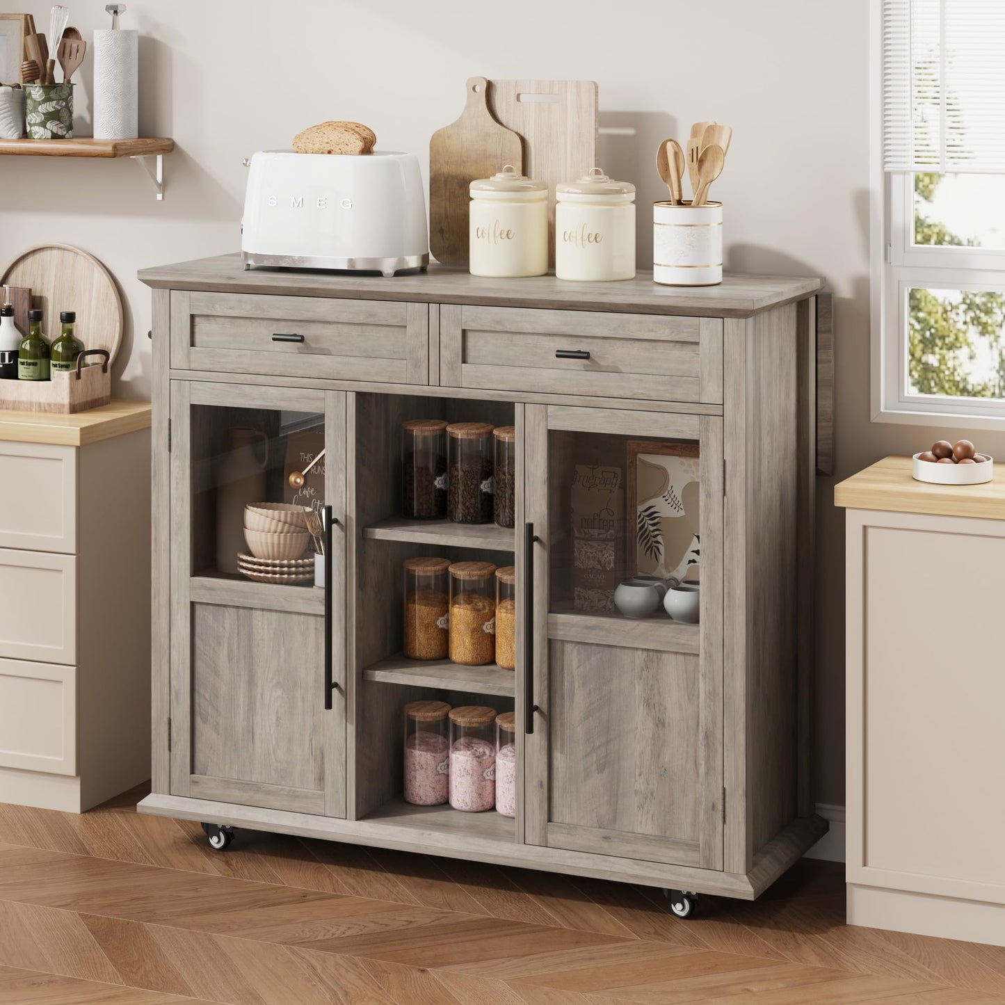 GarveeHome 41 in Rustic Kitchen Island on Wheels - Wood Drop-Leaf Table with 3-Tier Storage, Mobile Coffee Bar Cart (Light Gray)