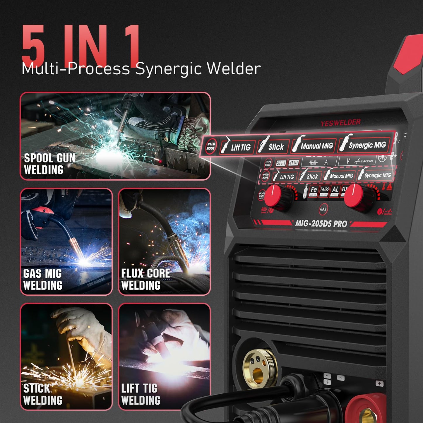 YESWELDER MIG-205DS PRO MIG Welder 5 in 1 Gas MIG/Flux Core MIG/Spool Gun MIG/Lift TIG/Stick & 50 LB Welding Magnet-4 Pieces of Magnetic Welding Holder 50 LBS Holding Power Welding Accessories