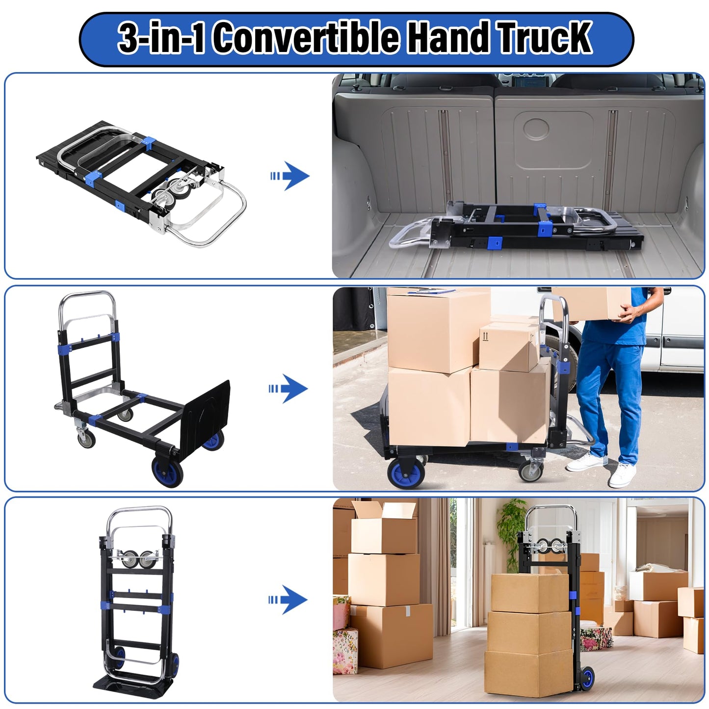 Upgraded 3 in 1 Folding Hand Truck, 600lbs Capacity, Heavy Duty Convertible Dolly with Retractable Handle and 4 Rubber Wheels, Collapsible Cart for Moving Home, Office, Warehouse (Blue)