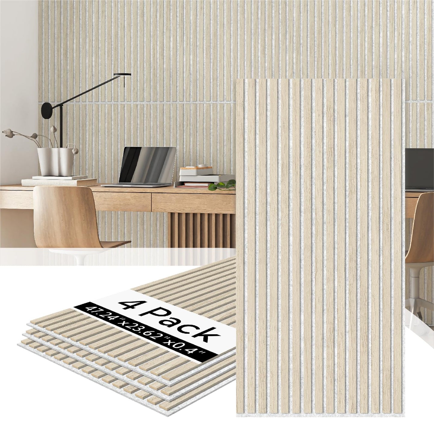 Olanglab Wood Slat Wall Panels 4 Pack, Acoustic Wall Panels, 47.24'' x 23.62" Each 3D Wall Panels for Interior Wall Decor (Light Oak-Grey Felt)