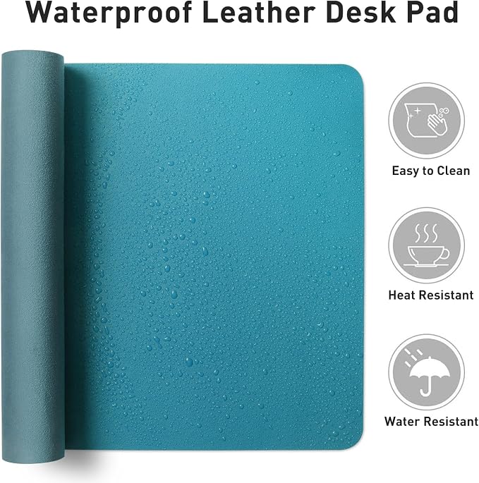 Aothia Faux Leather Desk Mat - Non-Slip PU Leather Desk Blotter, Waterproof Writing Surface, Large Desk Pad for Office & Home (Turquoise, 55" x 17")