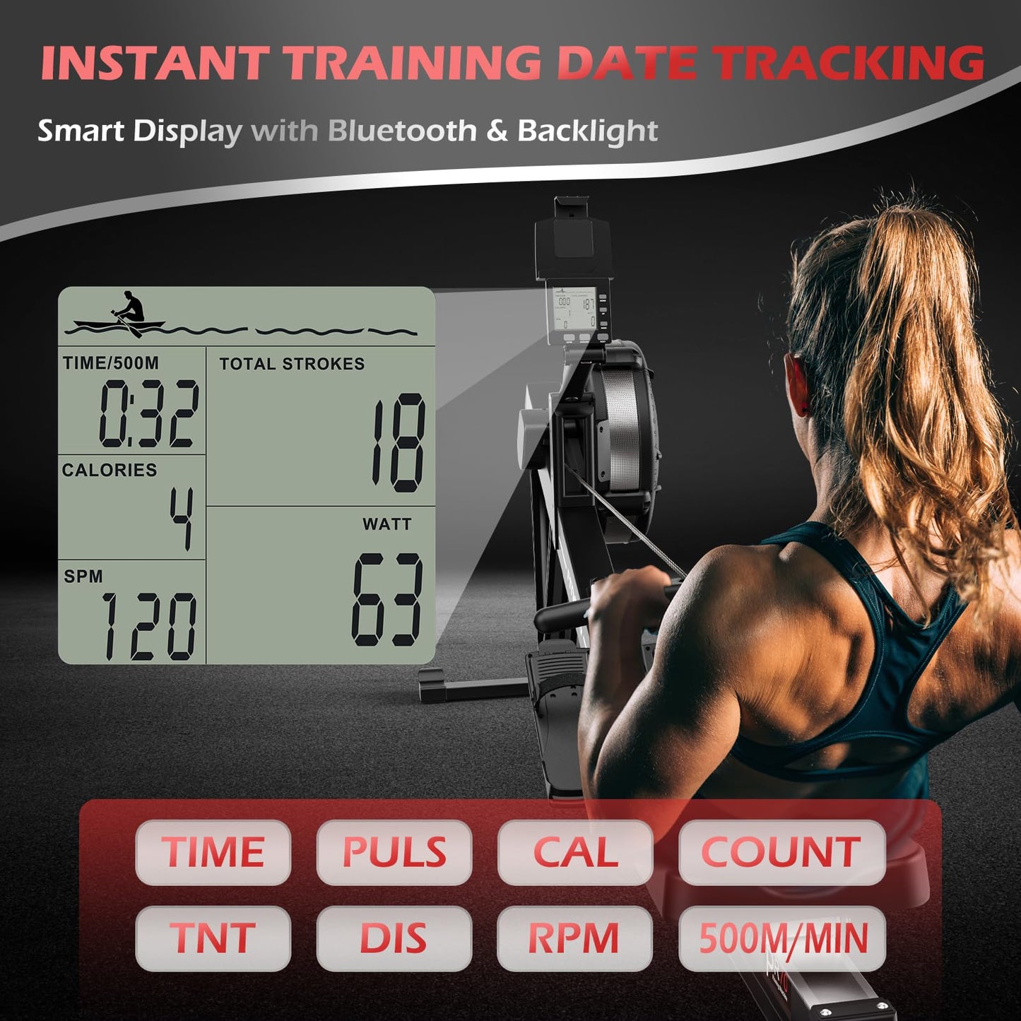 PASYOU Air Rowing Machine for Home,10-Level Resistance 350lbs Rower Machine,Foldable Row Machines Commercial with 54in Rail and Bluetooth Backlit Monitor, Adjustable Tablet Holder PR70