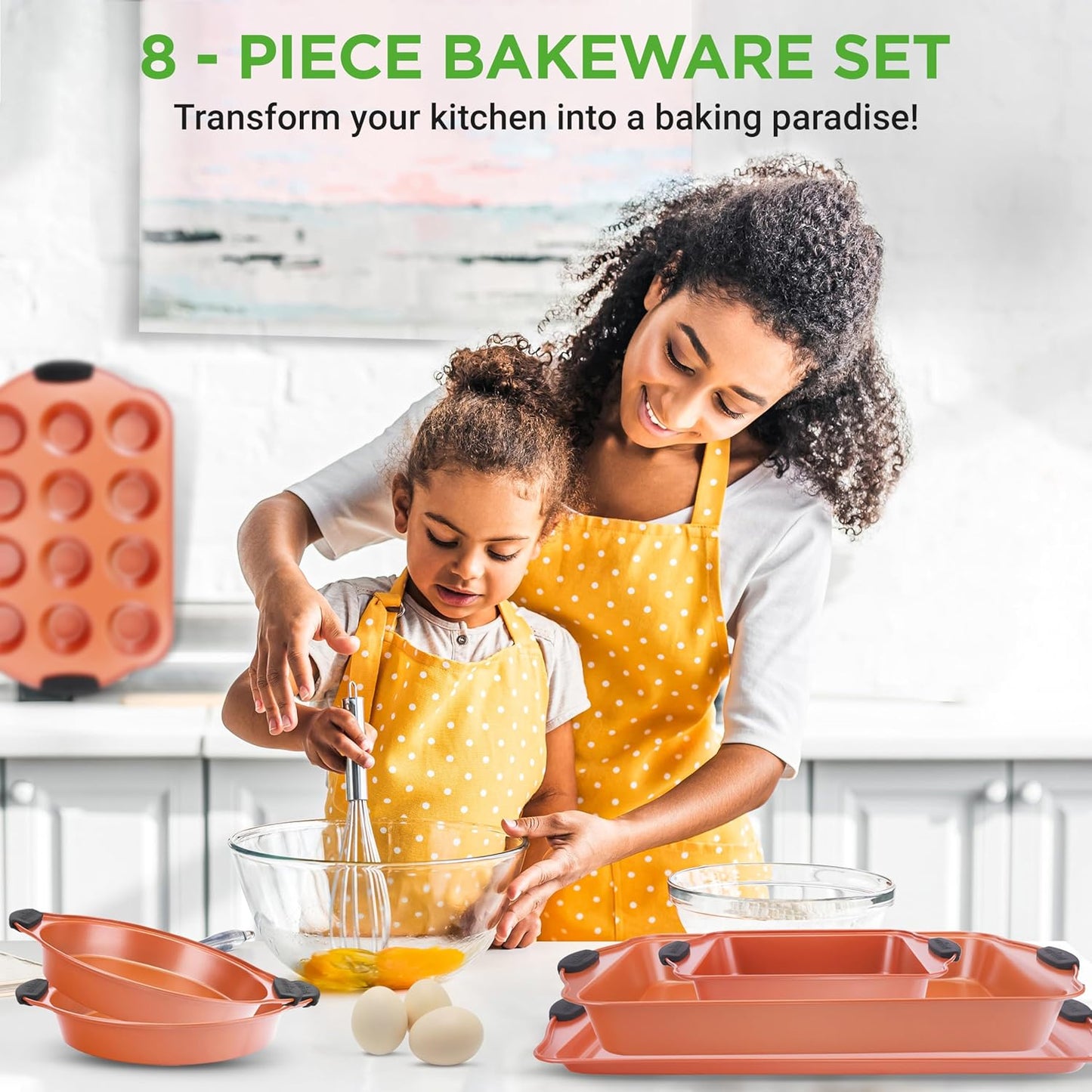 NutriChef 8-Piece Nonstick Baking Pans Set - Durable Carbon Steel Bakeware with Heat-Safe Handles - Rose Gold