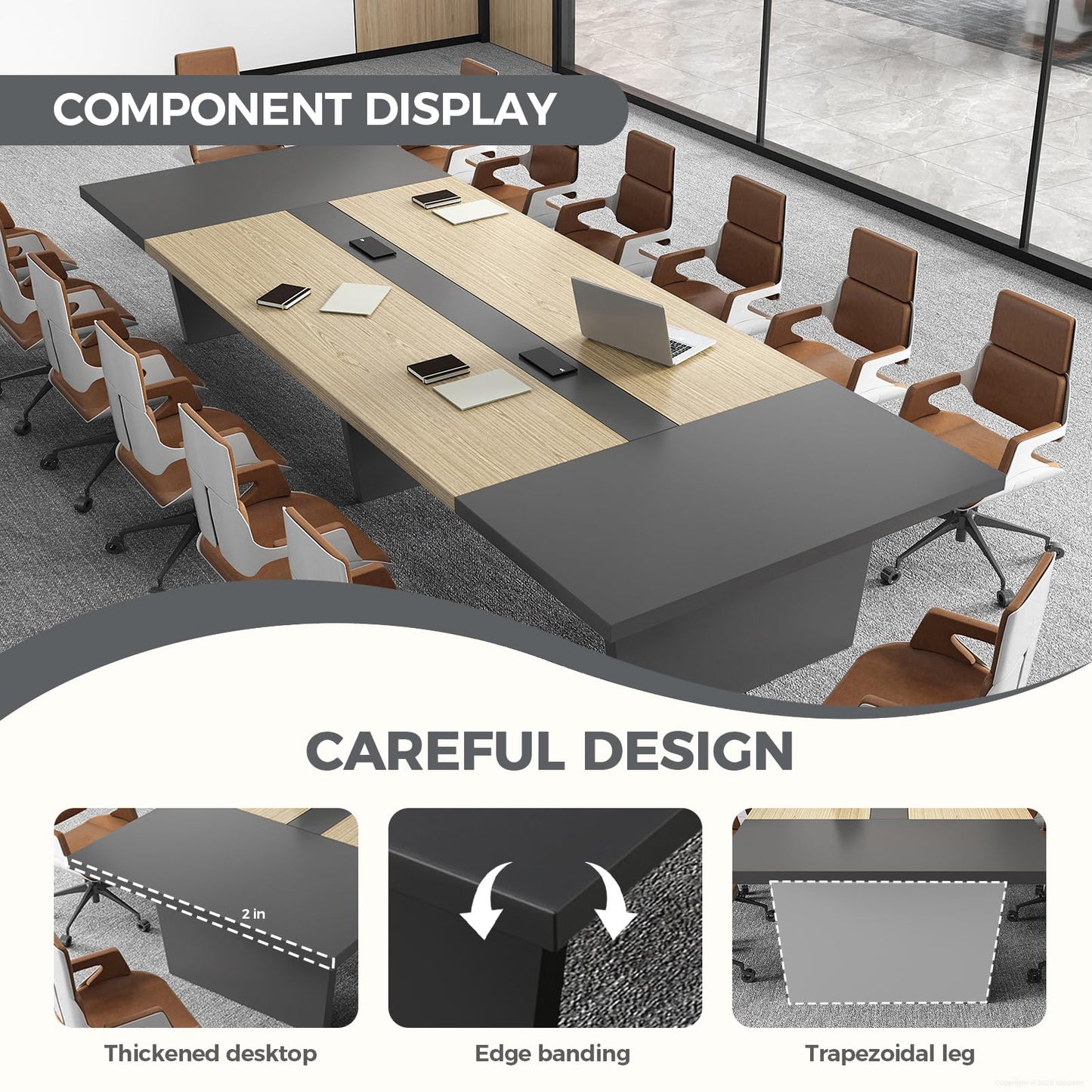 11.5 ft Conference Table for 12 People, Large Meeting Table with Built-In Power Outlet, Cable Management & 2-Inch Thickened Tabletop, Office Conference Room Table, Oak and Grey, 138"L x 59"W x 30"H