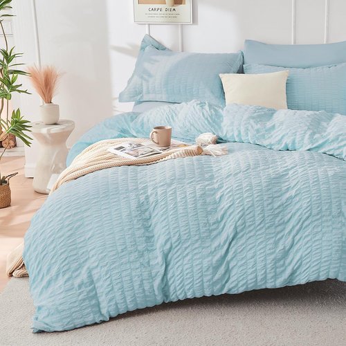 HYMOKEGE Comforter Set - Luxury 7-Piece Bedding in Lake Blue | All-Season Seersucker Design