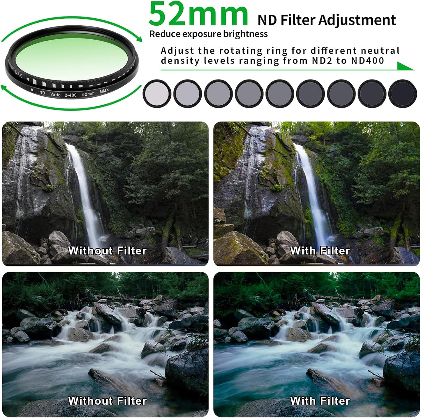Beysfilter 52MM ND2-ND400 16/15/14/13 Phone Variable Filter, Multi-Coating Clip Adjustable Neutral Density Lens Kit