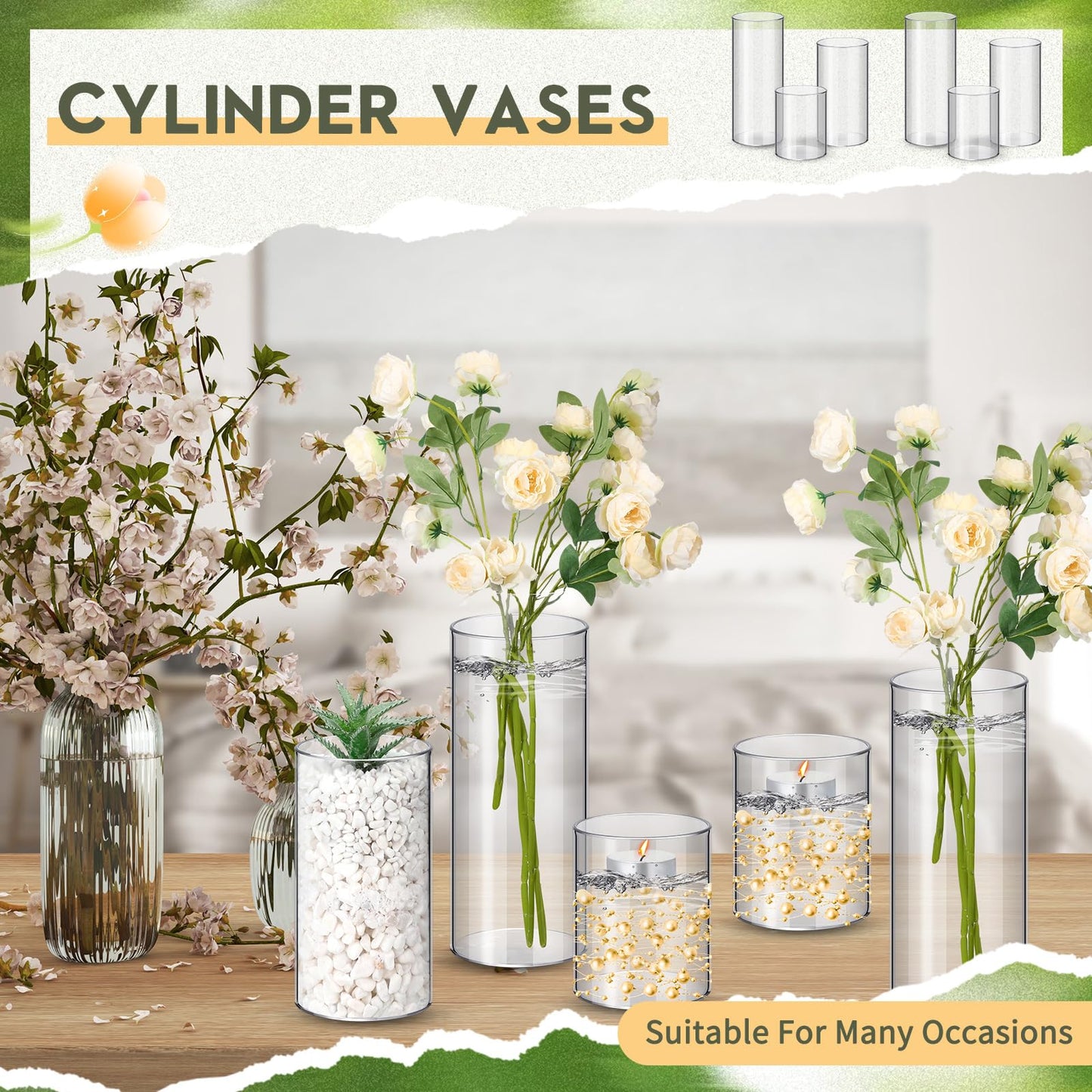 Nuogo 36 Pcs Plastic Cylinder Vases Tall Plastic Flower Vases for Centerpieces Hurricane Candle Holder for Home Wedding Office Party Formal Dinners Decorations (4''/6''/8'')