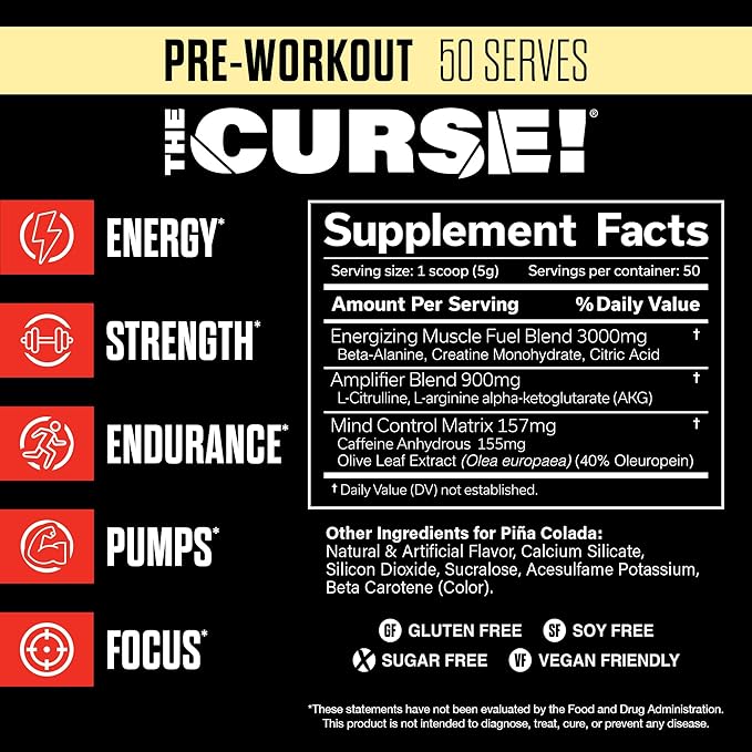 JNX SPORTS The Curse! Pre Workout Powder for Men & Women, Caffeine, Beta-Alanine, Creatine, L-Citrulline, 50 Servings, Pina Colada Flavor ??Boost Energy, Strength & Focus