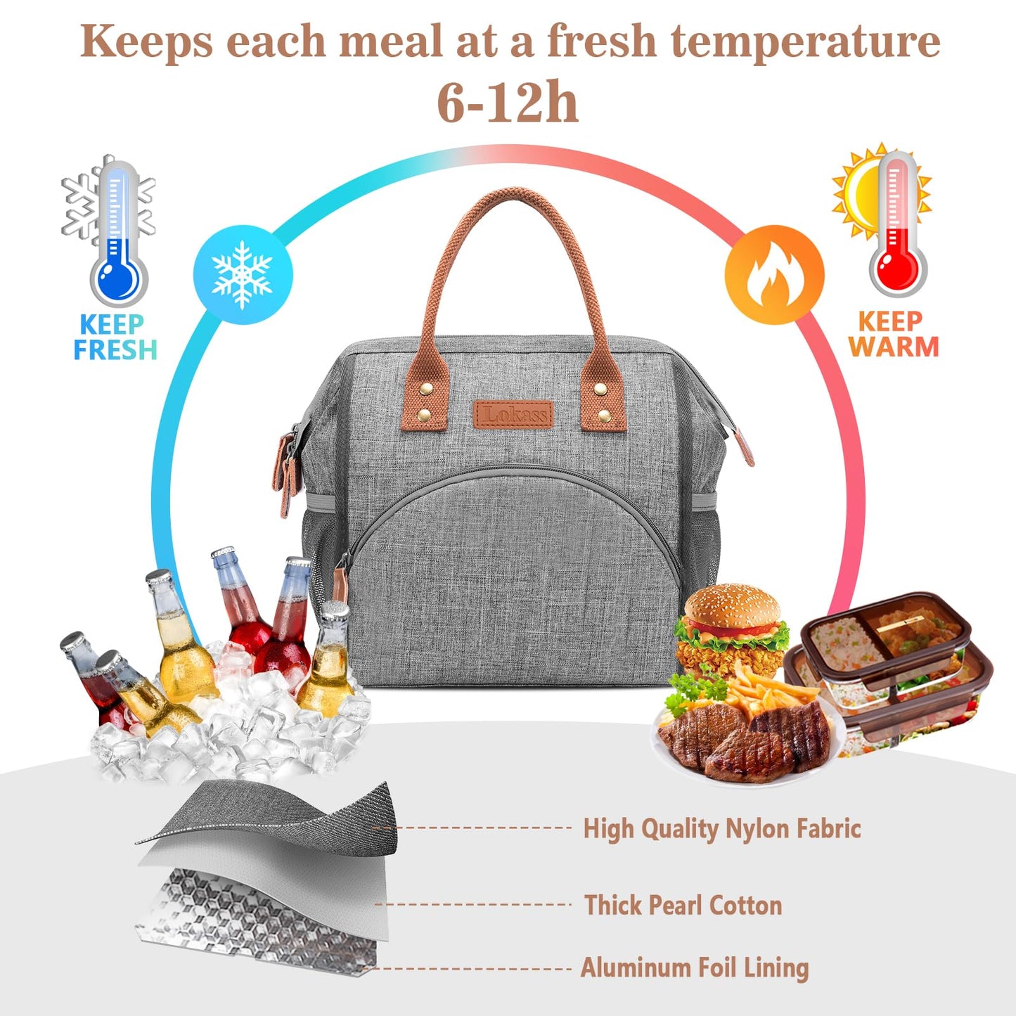 LOKASS Insulated Lunch Bag for Women & Men - Reusable 10 L Lunch Box for Women - Leakproof Tote Cooler Bag for Adults Work, Beach, Travel, Picnic (Grey)