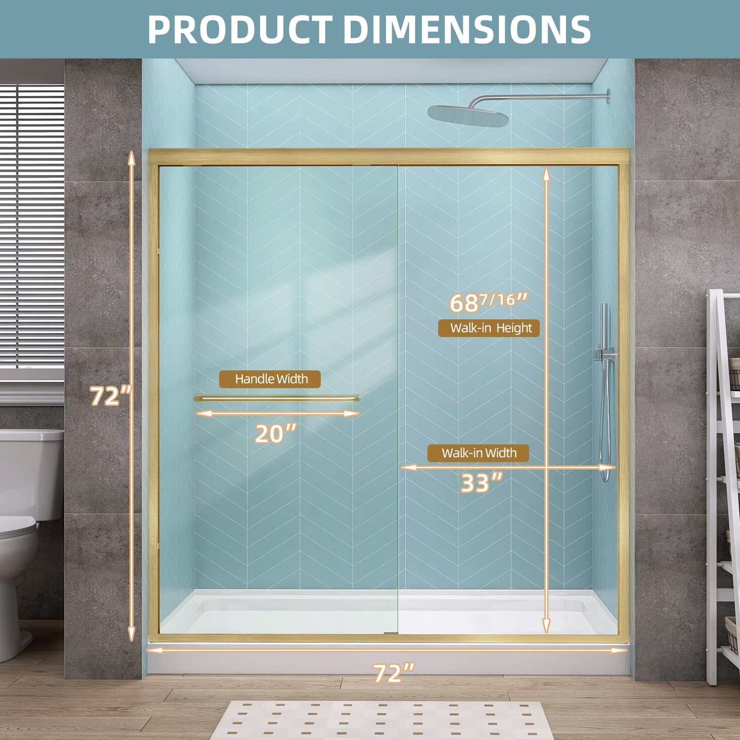 GETPRO Shower Door Double Sliding 68-72 in. W x 72 in. H Semi-Frameless Bypasss Bathroom Glass Shower Sliding Doors,1/4 inch Clear Tempered Glass Door for Walk-in Shower Brushed Gold