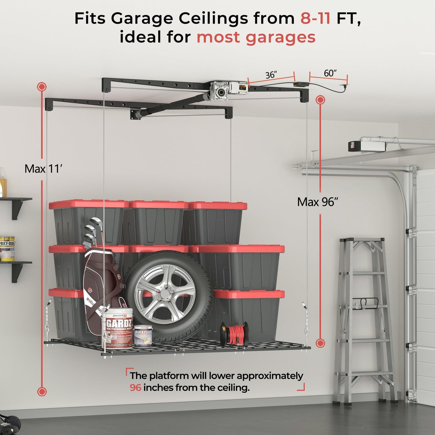 KOKORACKER Motorized Garage Ceiling Storage Racks with Remote Control, 4x4 FT Overhead Garage Storage Rack, Heavy-Duty Lift Storage System, Space-Saving Hanging Shelves, 250 Lbs Capacity