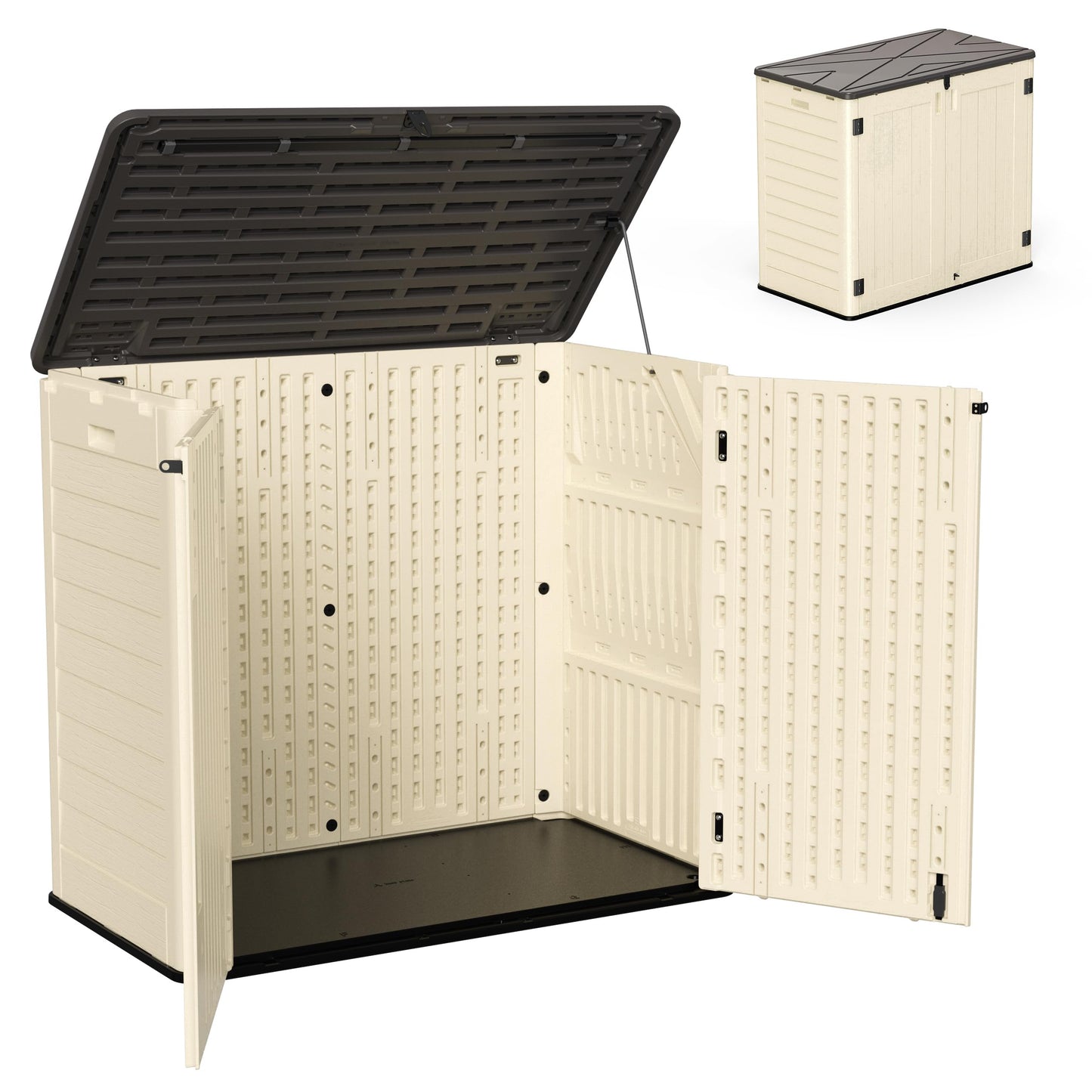 Allpop Outdoor Storage Shed, 31 Cu.Ft Resin Horizontal Storage Cabinet for Trash Cans, Patio & Garden, Khaki