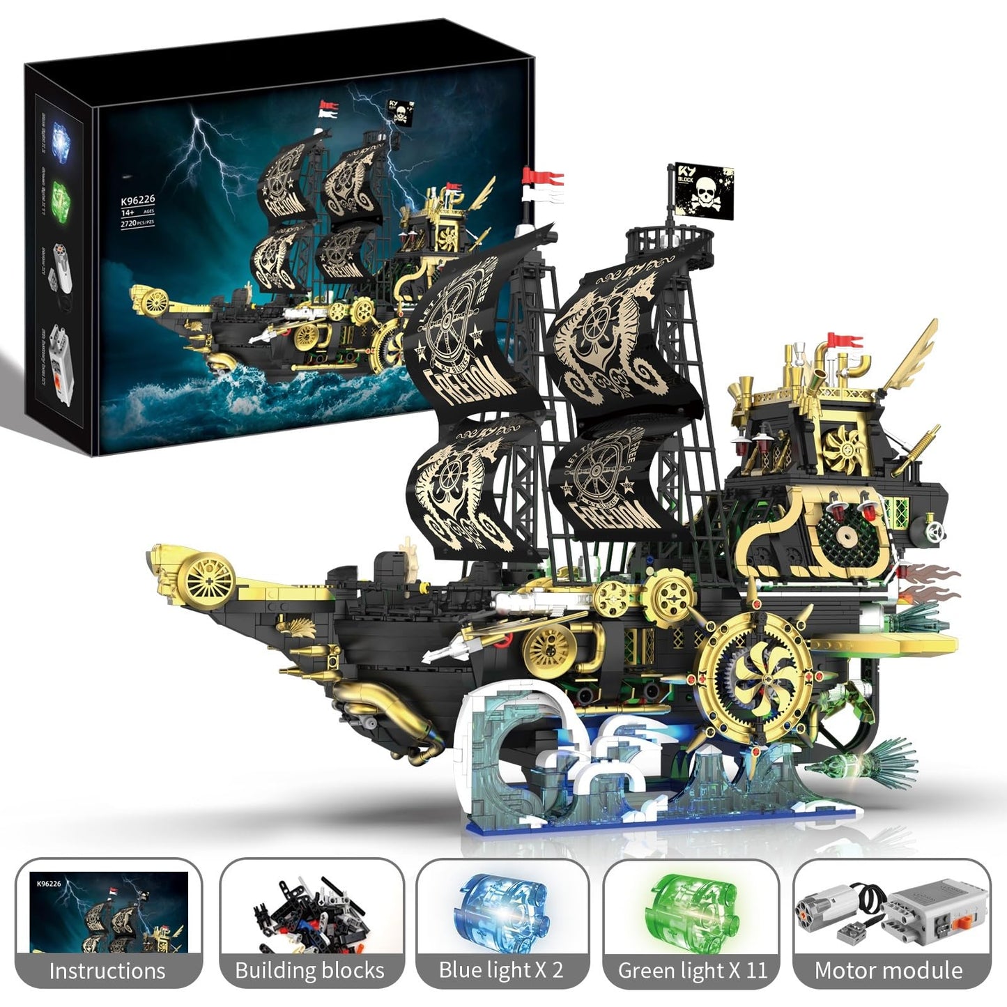 Mechanical Pirate Ship Building Sets for Adults with Motor & Light,Dynamic Large Freedom Pirate Ship Model Boat with Rotating Rudder,Room Office Decor,Idea Gifts for Collector‘s Pirate Fans(2720PCS)
