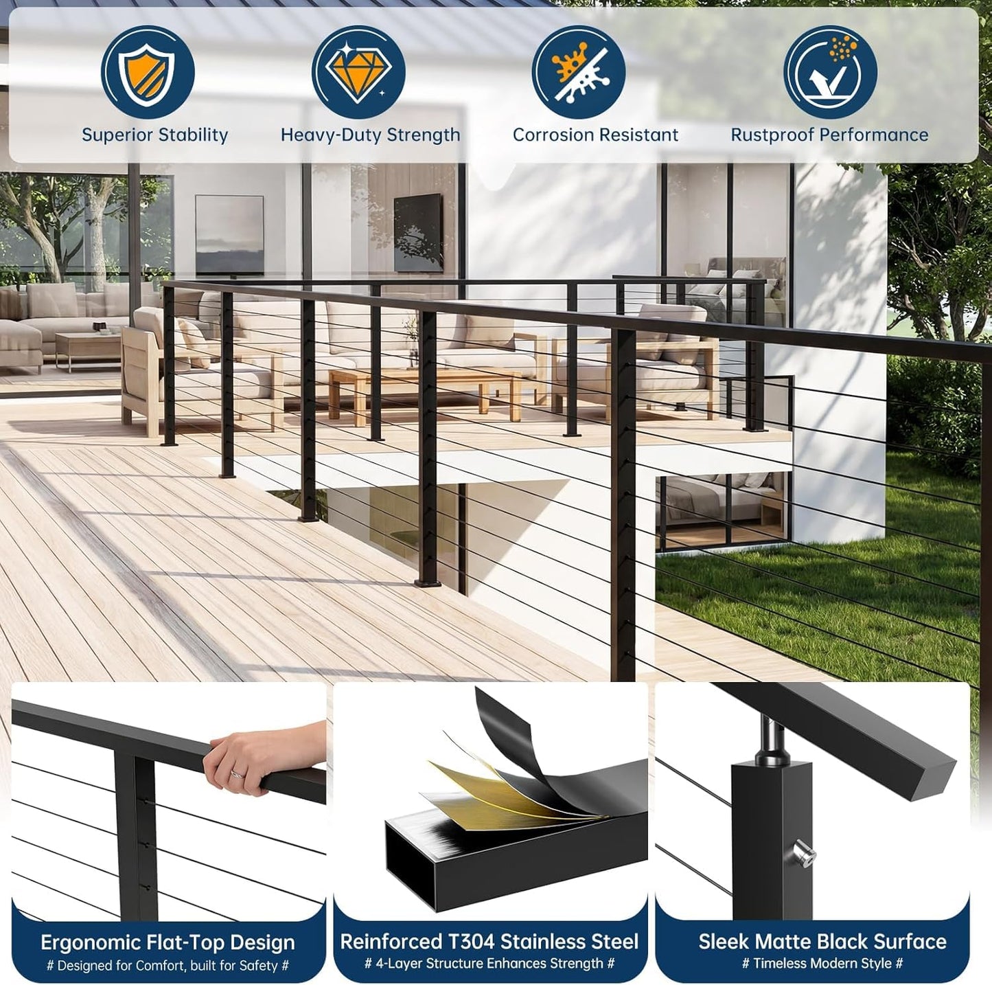 Gyykzz 6FT Stainless Steel T304 Handrail Black with POM Connector, 4 Pack Rectangular Cable Railing Handrail Flat Deck Top Rail with SS304 End Caps for Indoor Outdoor Deck Stair Cable Railing System