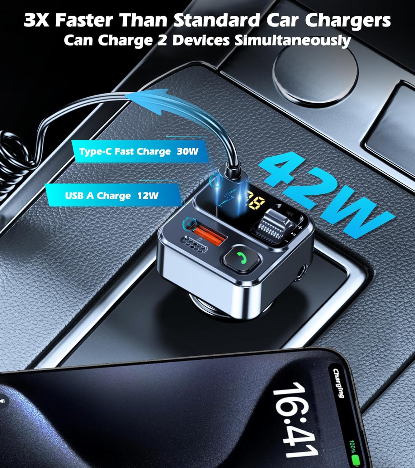KAIY 42W FM Transmitter Bluetooth Car Adapter, Car Radio Bluetooth Transmitter HandsFree Calling Music Player, FM Radio