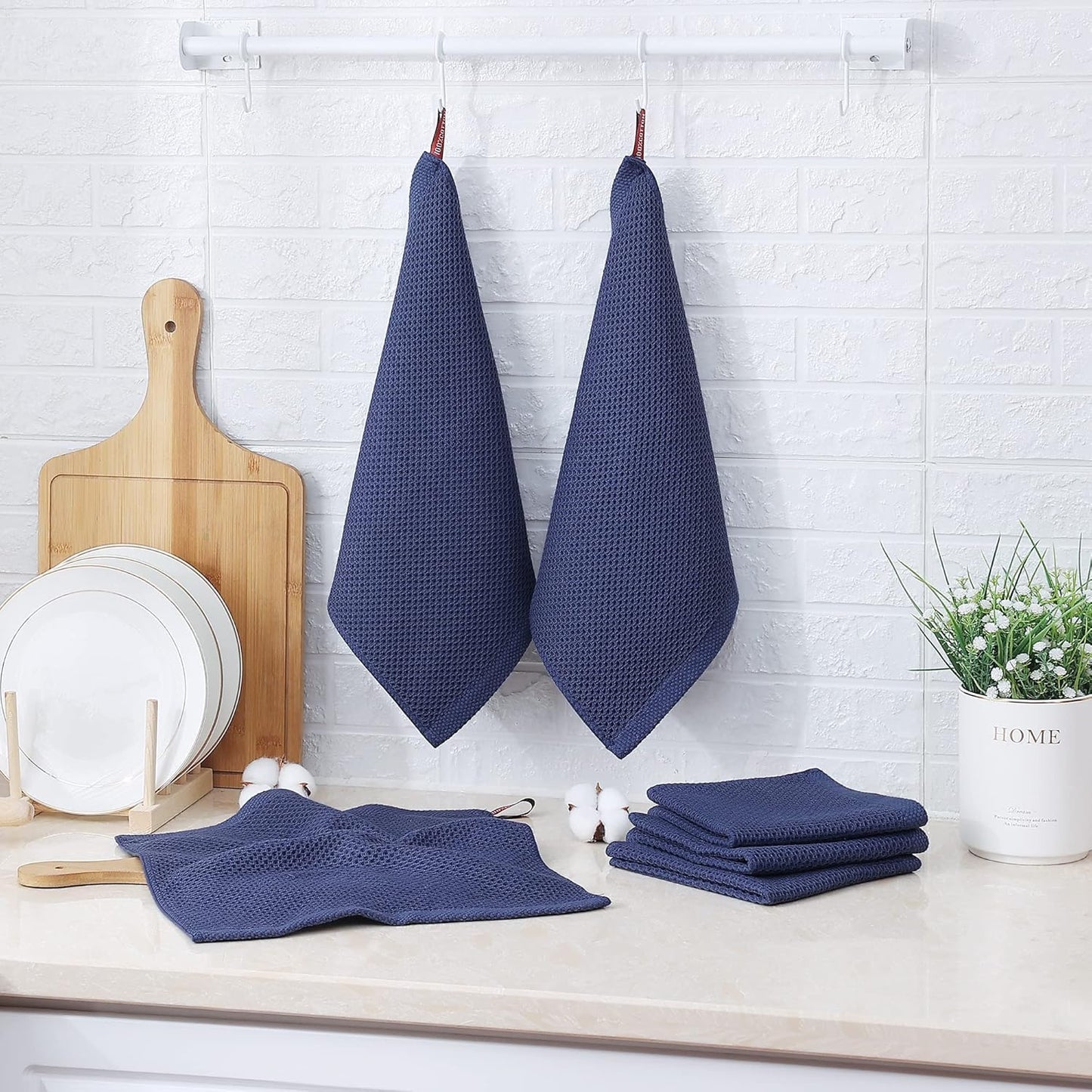 Skiennix 100% Cotton Waffle Weave Kitchen Towels - Ultra Soft & Absorbent Dish Cloths | 6 Pack, Dark Blue, 12x12 Inches