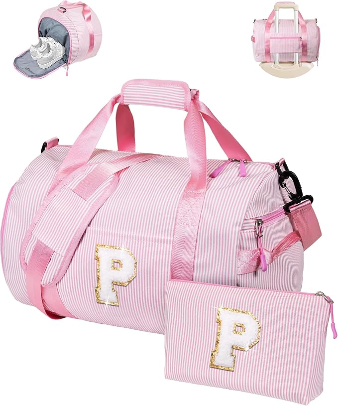 Christmas Gifts for Girls 12-14, Girl Gym Bag, Kids Initial Overnight Duffel Bags with Shoe Compartment, Personalized Travel Bag with Makeup Pouch, Cute Stuff for Teen (Letter P)