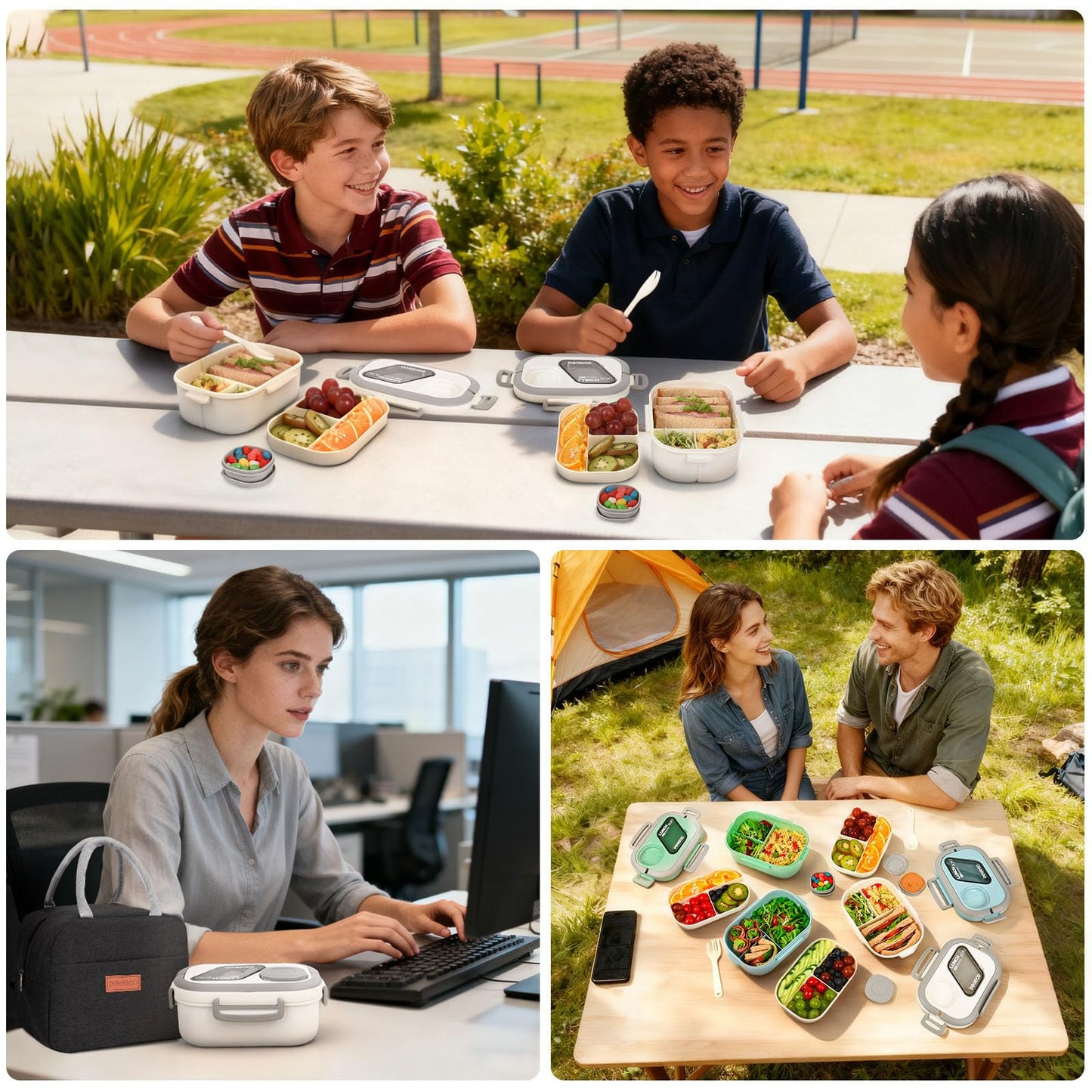 PEDECO All-in-one Bento Lunch Box Set for Adults & Kids with Insulated Bag, Leakproof 3-Compartment and 2-Tier Stackable Container with Portable Sauce Pod, Microwave/Dishwasher Safe, BPA-Free (White)