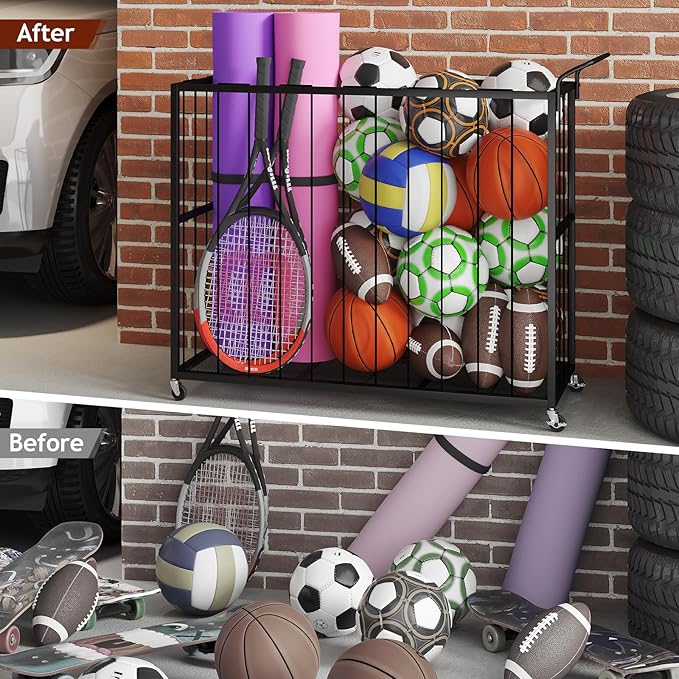 Ball Storage Bin Rolling Sports Ball Cart, Metal Garage Organizer Sport Rack, Ball Basket Storage, Ball Cage for Garage or Gym, Indoor & Outdoor Sports Equipment Organizer
