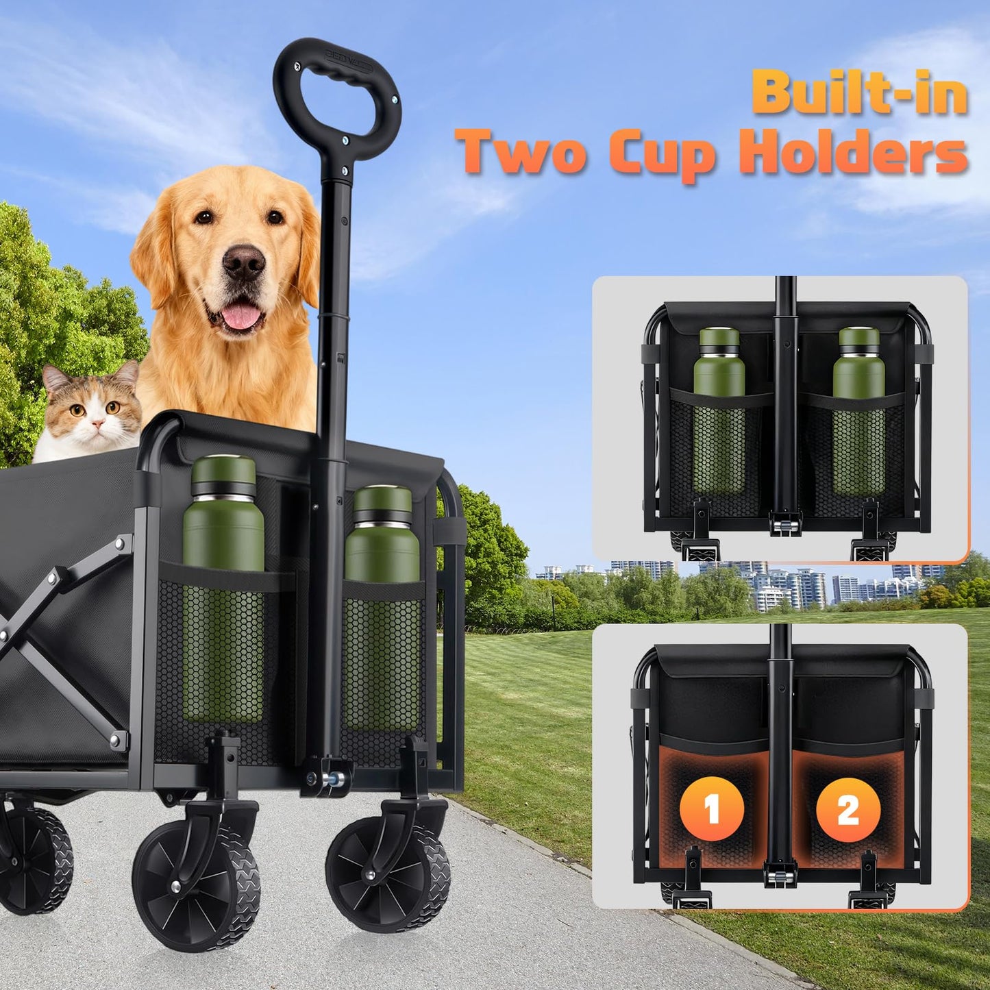 Collapsible Foldable Wagon Cart with Wheels - 220LBS Heavy Duty Folding Wagon Carts, Portable Lightweight Utility Wagon with All-Terrain Wheels & 2 Cup Holders, Grocery/Beach/Sports/Shopping/Black
