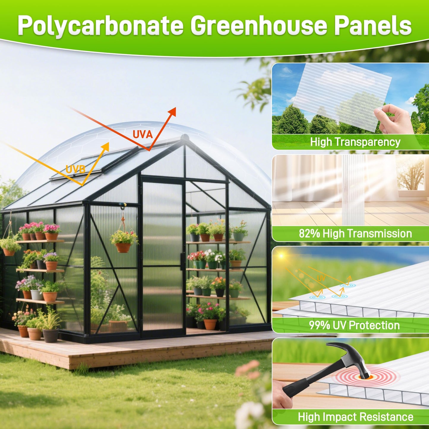 Quibbay 8PCS Polycarbonate Greenhouse Panels, 6' x 4' x 0.16'' Twin-Wall Panels Polycarbonate Sheet, Clear Waterproof UV Protected Corrugated Plastic Roof Panels for Greenhouse Replacement