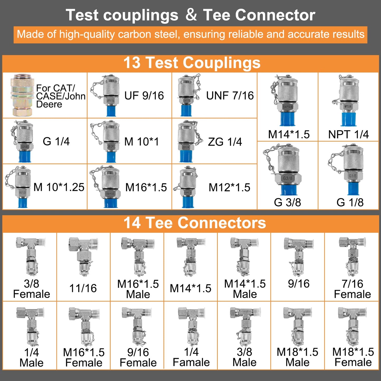 yourour Hydraulic Pressure Test Kit, 150/1500/3500/6000/9000 PSI, 5 Gauges, 13 Test Couplings, 14 Tee Connectors, 5 Test Hoses, with Sturdy Carrying Case for Construction Machinery Excavator
