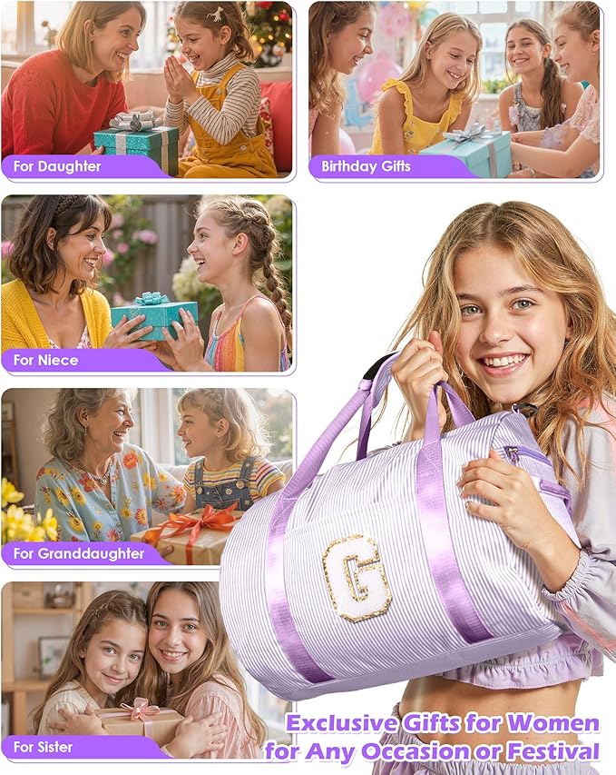 Christmas Gift for Her, Girl Gym Bag, Kids Initial Overnight Duffel Bags with Shoe Compartment, Personalized Dance Bag with Makeup Pouch, Tween Girls Gifts Trendy Stuff (Letter W)