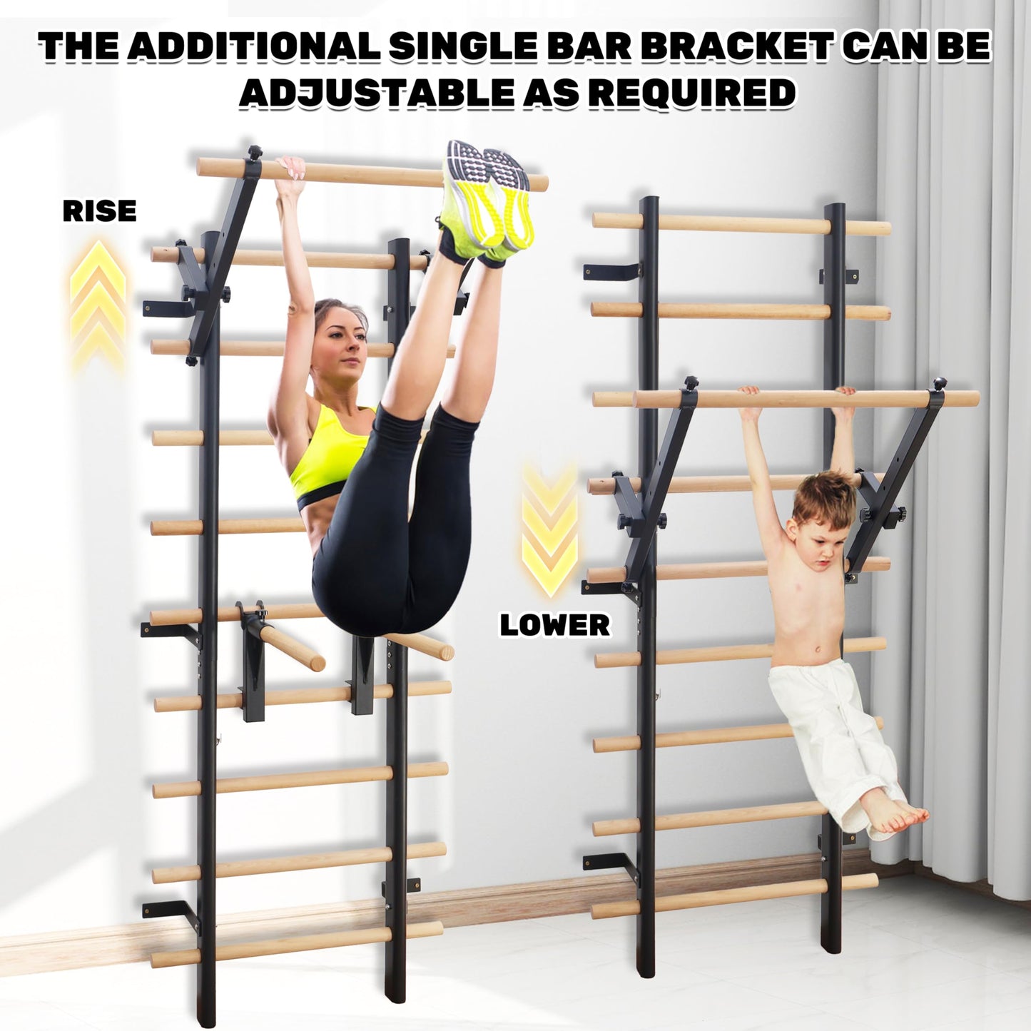 PreGymnastic Stall Bars, Swedish Ladder for Adult and Kids, Wall Bar with Solid Beech Wood Rods, Durable Steel Frame, Adjustable Pull Up and Dip for Strength, Flexibility at Home Gym, Studio