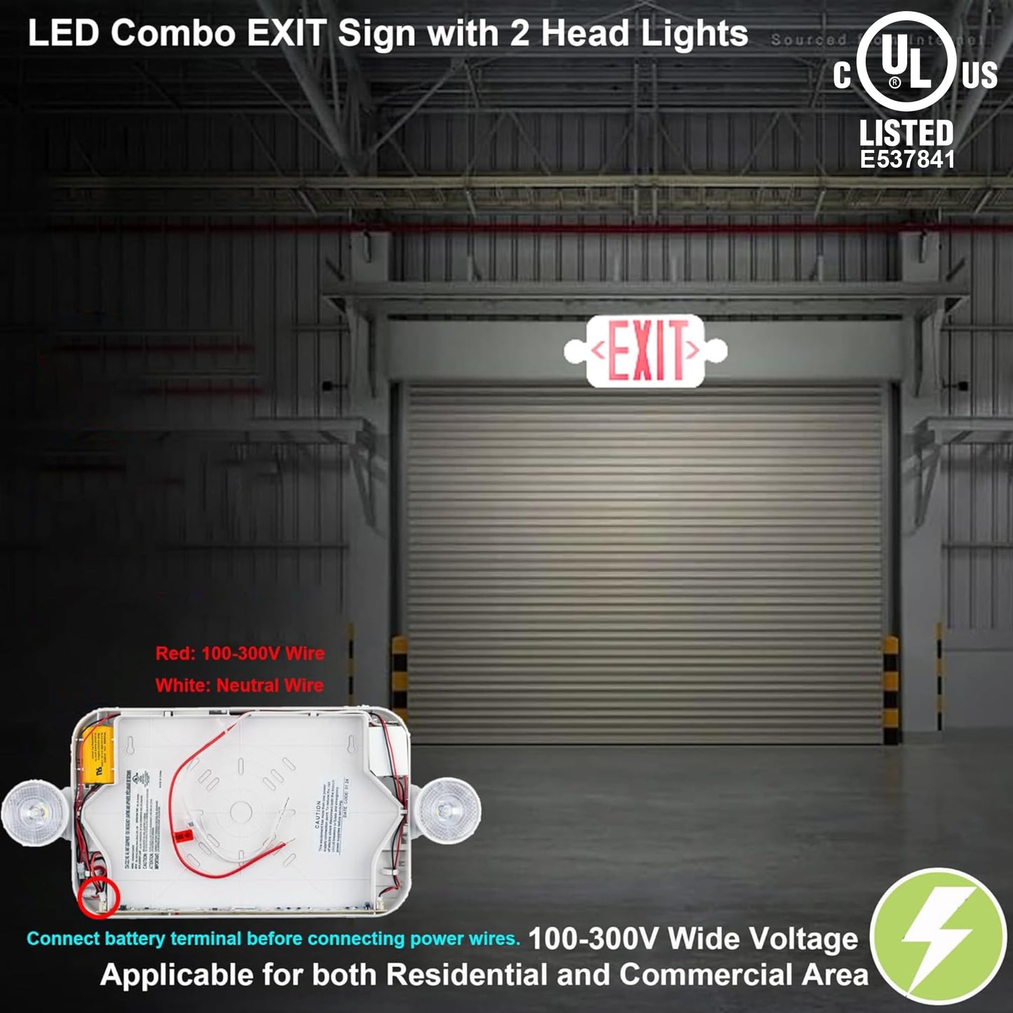 LIT-PaTH LED Combo EXIT Sign with 2 Adjustable Head Lights and Double Face, Back Up Batteries- US Standard Red Letter Emergency Exit Lighting, UL 924 and CEC Qualified, 120-277 Voltage, 4-Pack