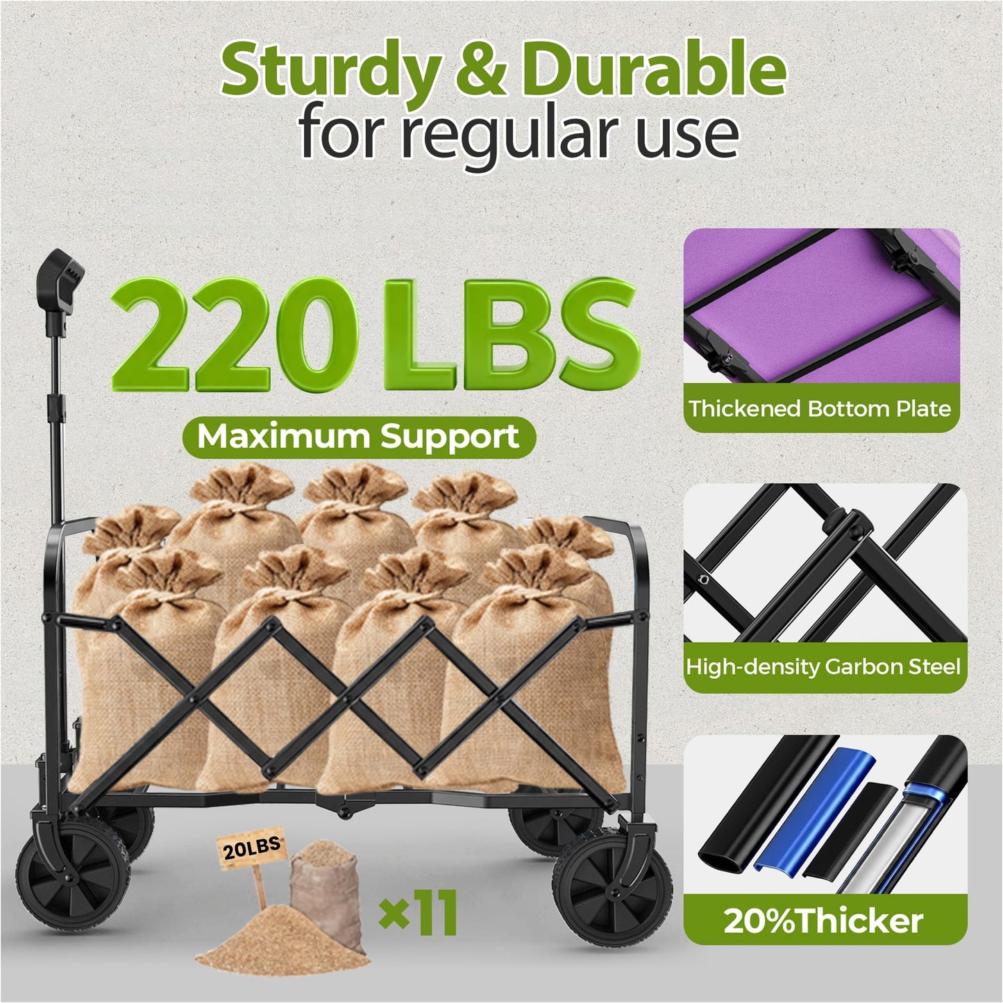 Aimnny Purple Small Collapsible Wagon Cart, Lightweight Folding Utility Cart with Wheels, 220lbs Capacity Portable Grocery Cart for Sporting Events, Garden, Shopping (Purple)