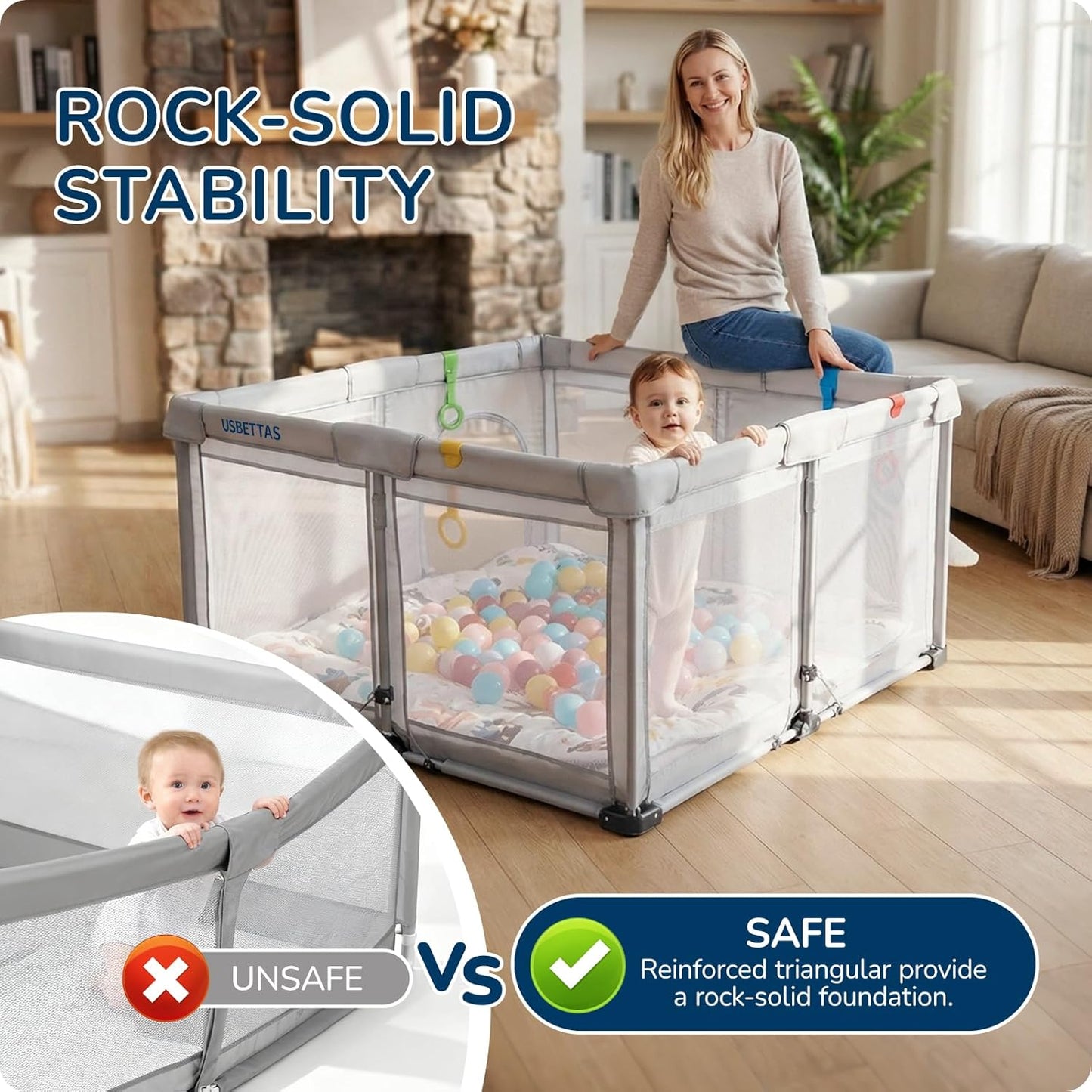 Skiennix Foldable Baby Playpen - Lightweight Portable Design with 1-Minute Setup | 50"x50" Light Gray Indoor/Outdoor Safety Yard