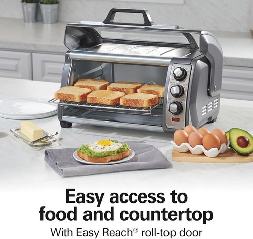 Hamilton Beach 6 Slice Convection Toaster Oven - Easy Reach Roll-Top Door, Bake & Broil Functions, Silver