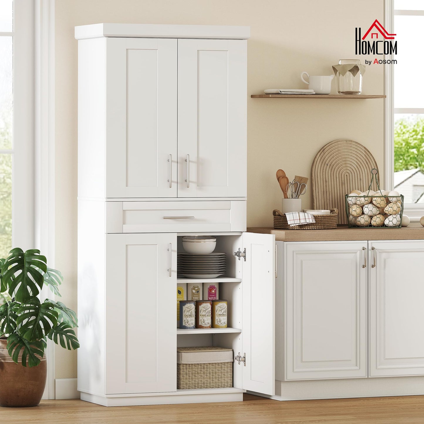 HOMCOM 72" Kitchen Pantry Cabinet, Freestanding Tall Storage Cabinet with 4 Doors, Drawer and 3 Adjustable Shelves for Dining Room, White