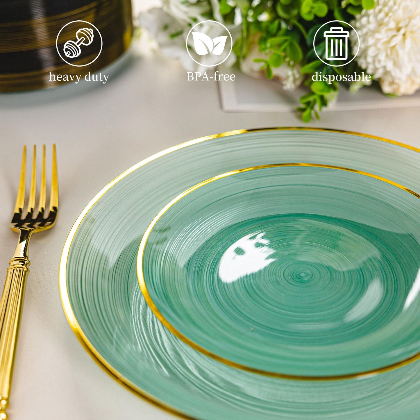 LCCFHTI 100PCS Transparent Green Gold Plastic Plates, 10 Inch Heavy Duty Disposable Dinner Plate with Gold Rim, Round Party Plates for Wedding, Party, Camping, Picnic, Birthday