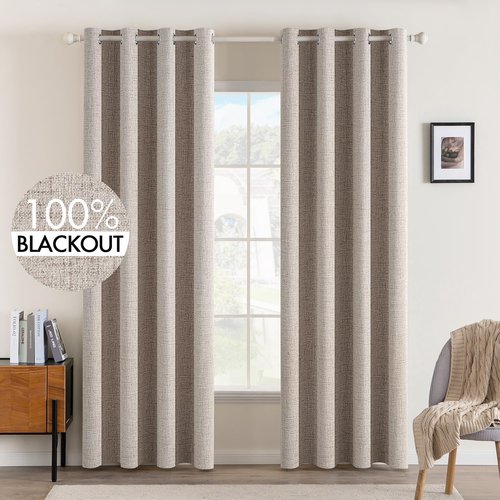 MIULEE Blackout Curtains - Linen Texture Thermal Insulated Room Darkening Drapes | Natural Khaki, 52x72 Inch (2 Panels)