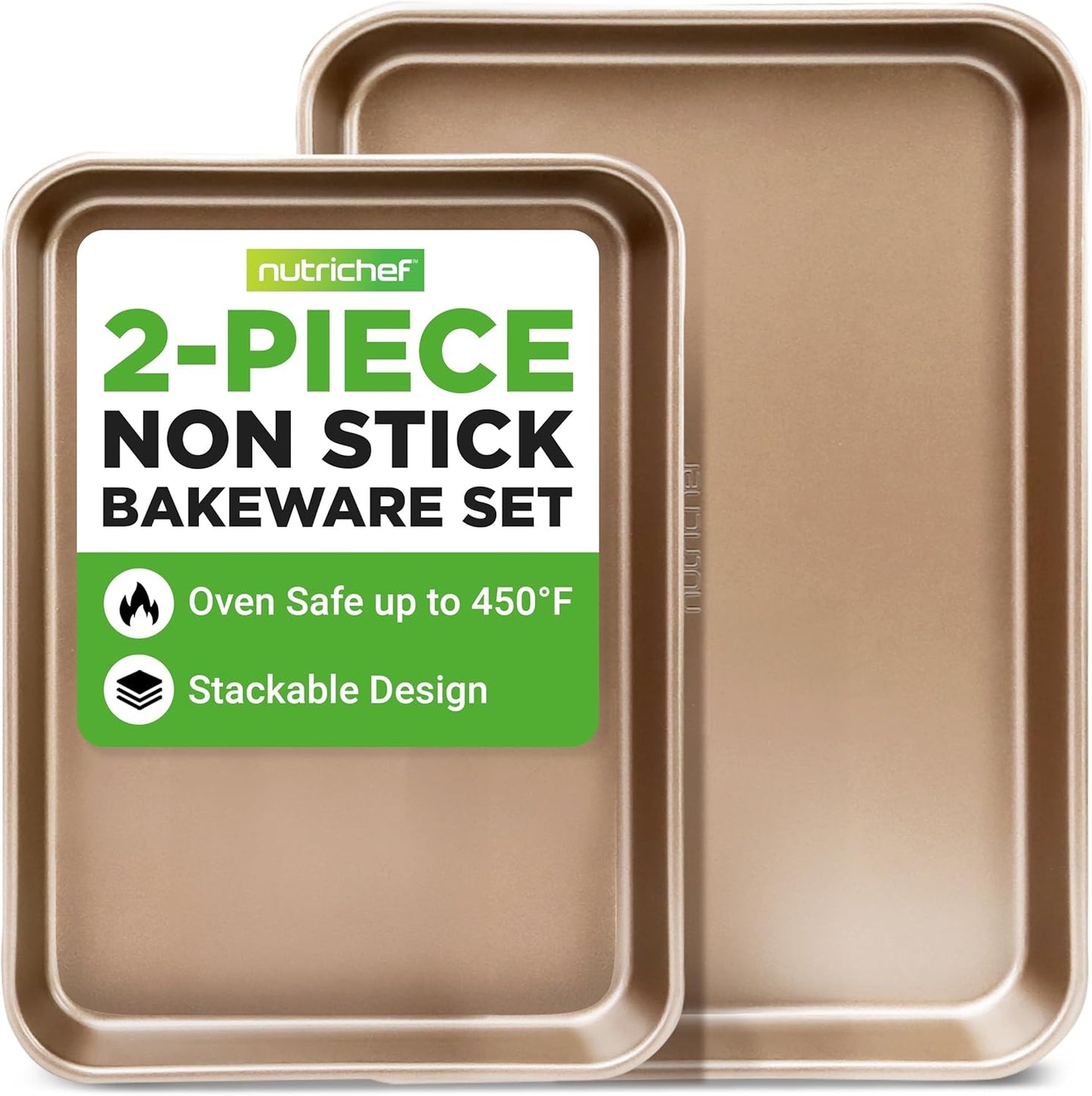 NutriChef Nonstick Baking Sheets - Durable 2-Piece Cookie Sheet Set, Oven Safe Up to 450°F