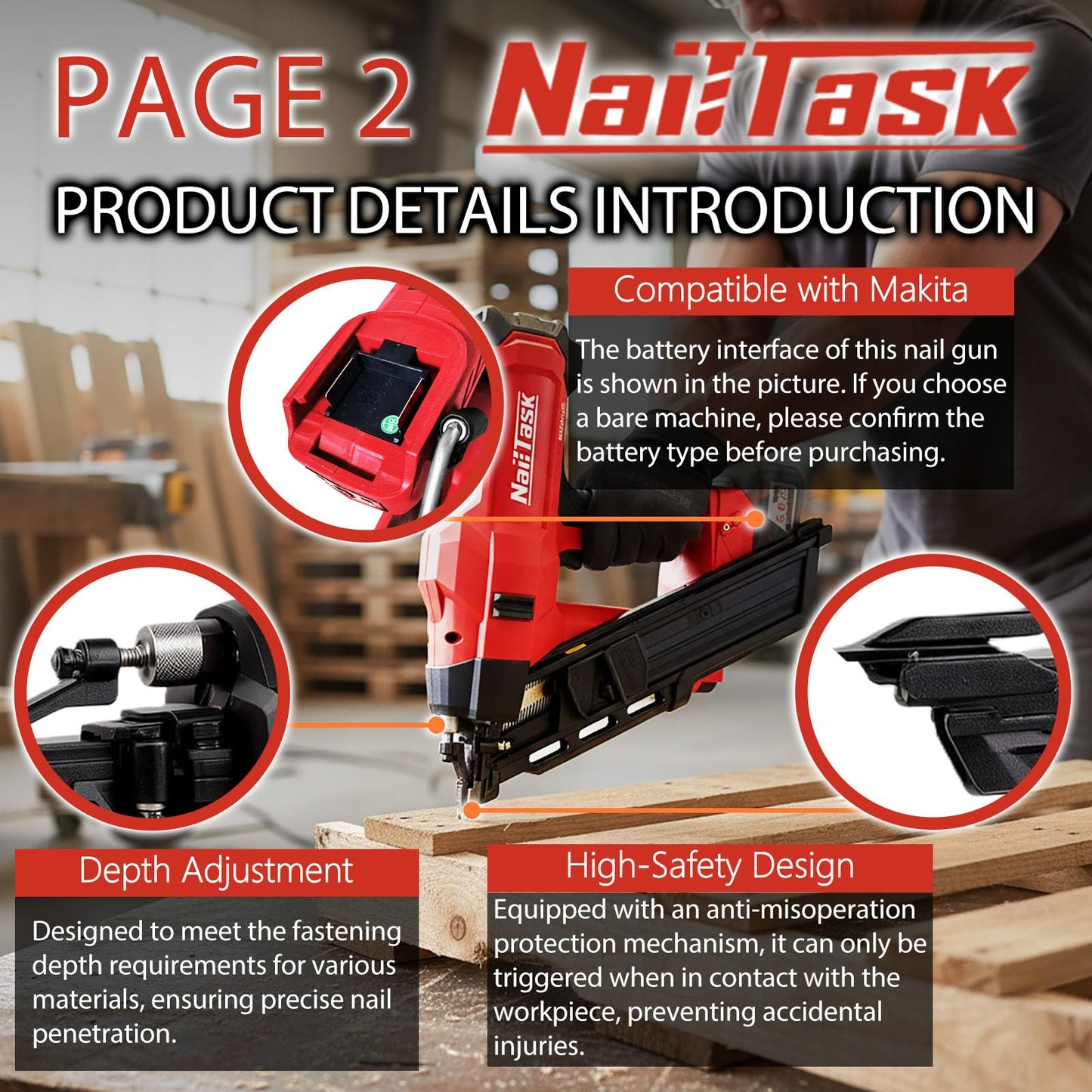 Nailtask 34° Electric Cordless Framing Nail Gun Dual Mode 3 1/2 Inch Pin Nailer Cordless Metal Roofing Set for Construction Furniture Wood Depth Adjust Brushless Motor Power Tools (Without Battery)