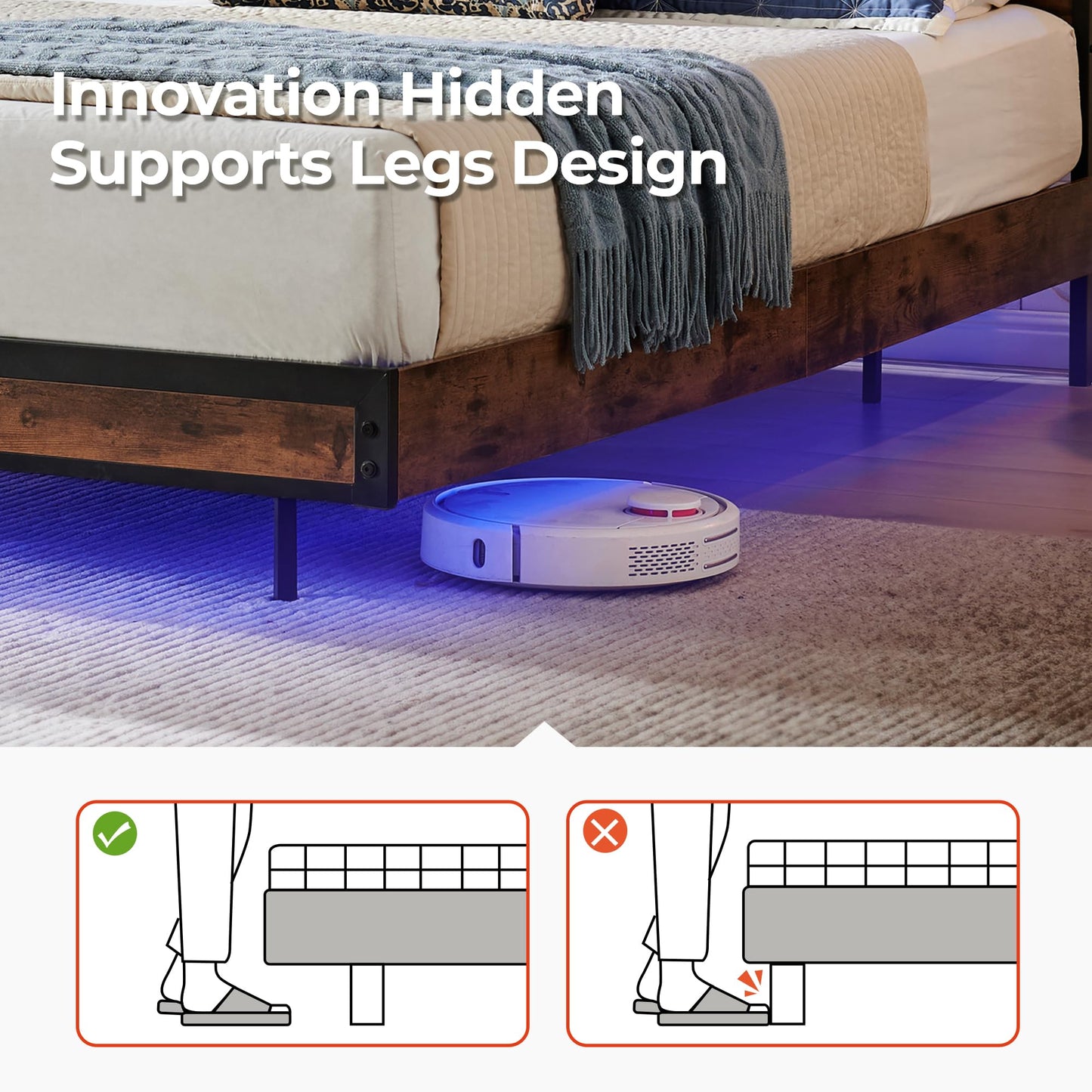 BedsPick Full Bed Frame with 2-Tier Storage Headboard, Metal Platform Full Size Bed Frame with Smart LED Lights & USB Charging Station, Noise-Free/Metal Support/No Box Spring Needed, Brown