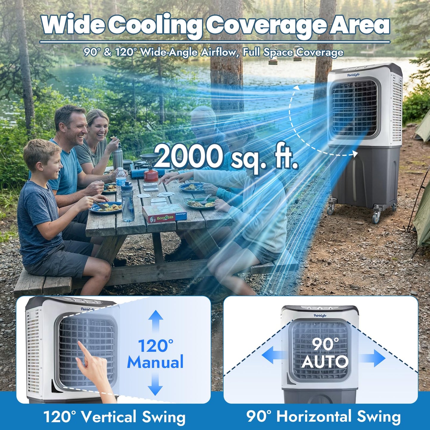 54" Tall 7000CFM Large Swamp Cooler, 3-in-1 Evaporative Air Cooler with 26.5 Gal Water Tank, 3-Speed, 2 Modes, 4 Ice Packs & Storage Bag, Outdoor Cooling Fans for Patio Garage Factory, 2000 sq.ft