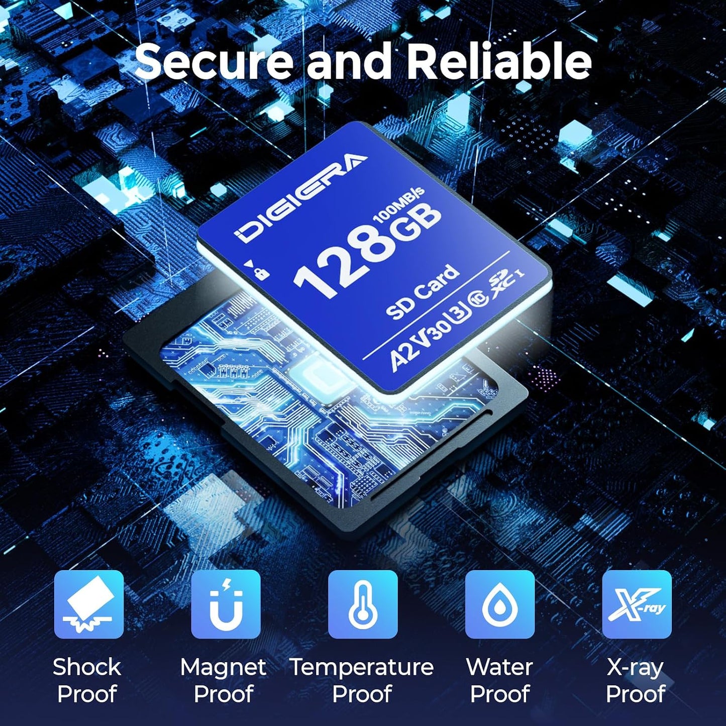 128GB CS100 100MB/s, C10, U3, V30, 4K (1 Pack) DIGIERA SDXC UHS-I Memory Card - up to UHD, SD Card for Computers