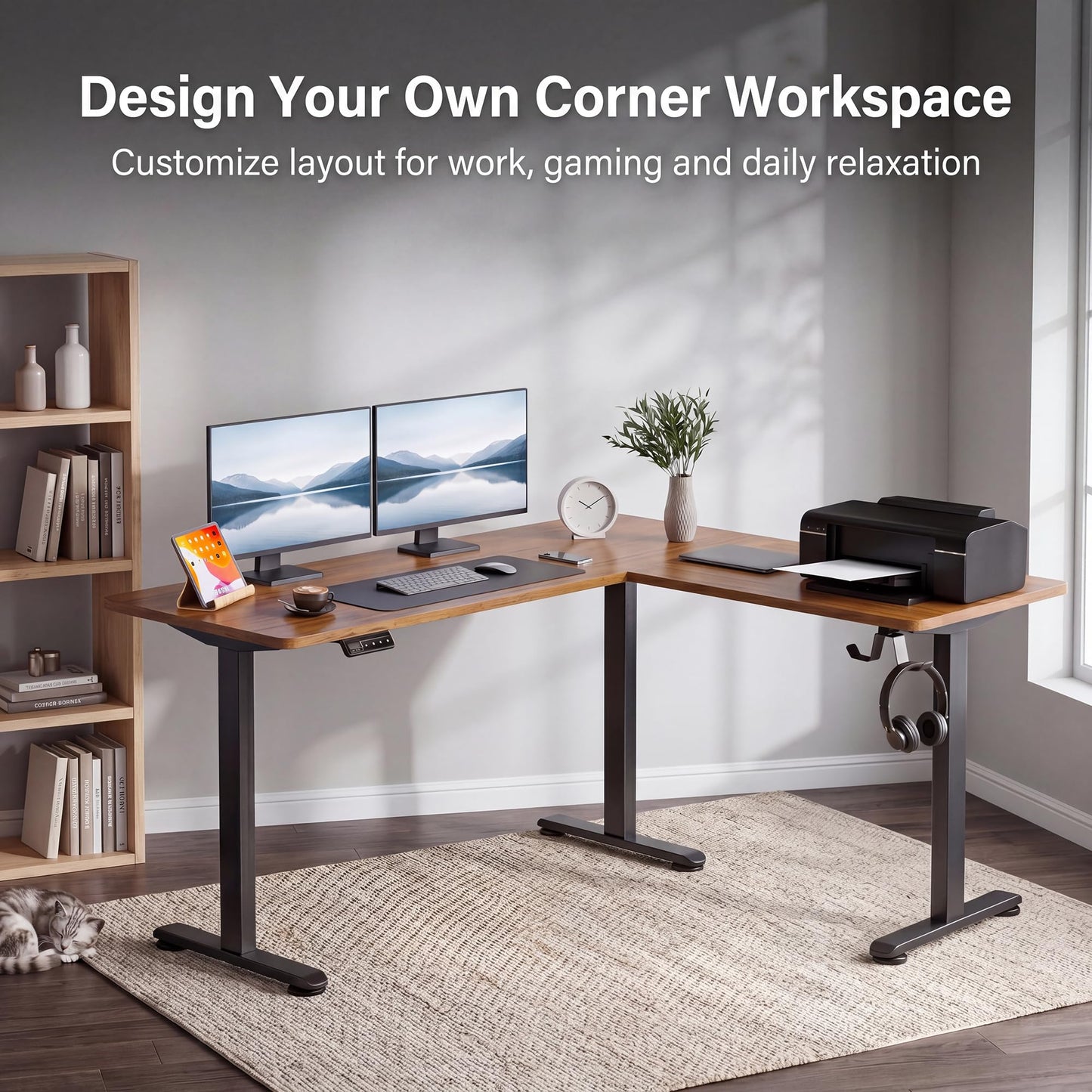 Himimi 63"×55" L Shaped Standing Desk, Height Adjustable Corner Stand Up Desk with Mouse Pad, Sit Stand Corner Desk with Memory Controller for Home Office (Brown)