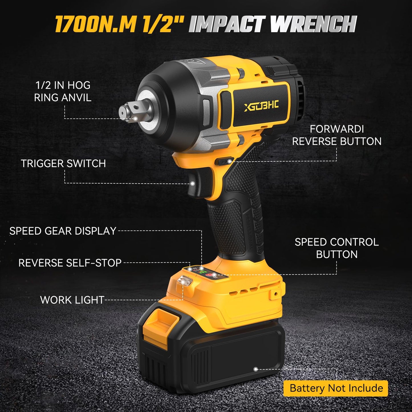 Cordless Impact Wrench for Dewalt 20V Battery, 1254Ft-lbs (1700N.m) 1/2 Inch Electric Impact Gun, 3 Speed High Torque Impact Driver with 6 Sockets, Impact Drill for Car Home Mower (No Battery)