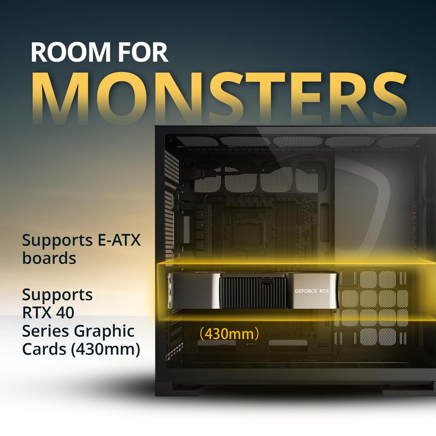 Geometric Future M5 Vent Mesh Panel Tempered Glass Mid Tower, E-ATX/ATX Gaming Case, High Airflow, 1.2mm Steel, Type C, Support 420/360 Radiator, ARGB PWM 140m fan x 5 Pre-Installed, Black, GEO-M5VF-B