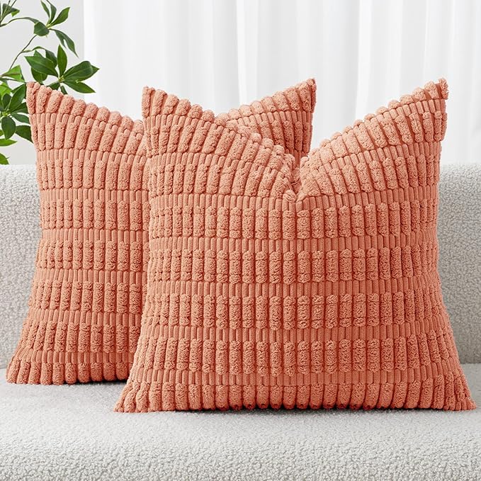 MIULEE Pack of 2 Corduroy Decorative Euro Sham Throw Pillow Covers 22x22 Inch Soft Boho Striped Pillow Covers Modern Farmhouse Home Decor for Summer Sofa Living Room Couch Bed Coral