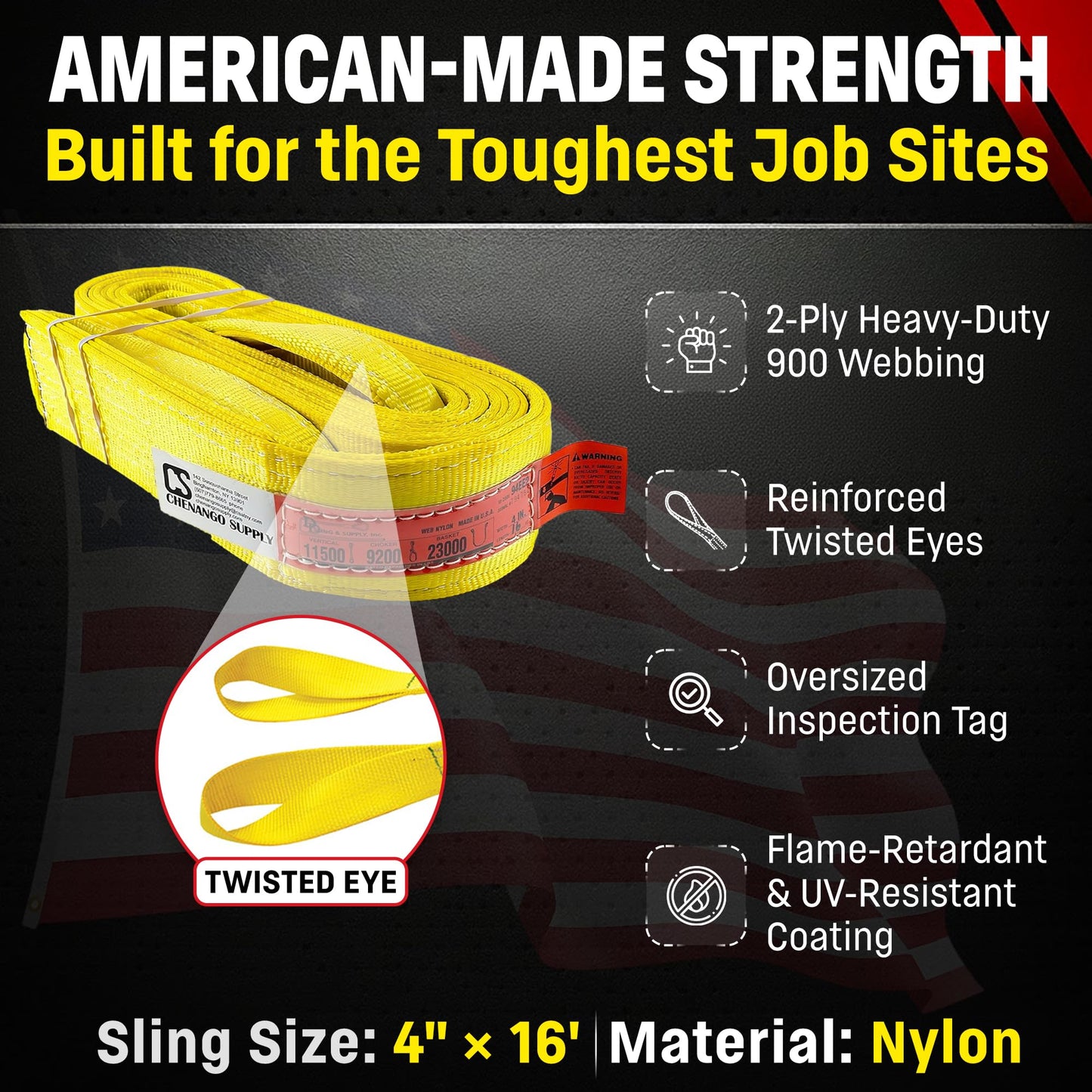 DD Sling 4 Inch x 16 Foot Orange Nylon Lifting Sling – USA Made, 11,500 lb Vertical, 9,200 lb Choker, 23,000 lb Basket – 2-Ply Heavy Duty 900 Webbing, Type 4 Twisted Eye & Eye Rigging Sling