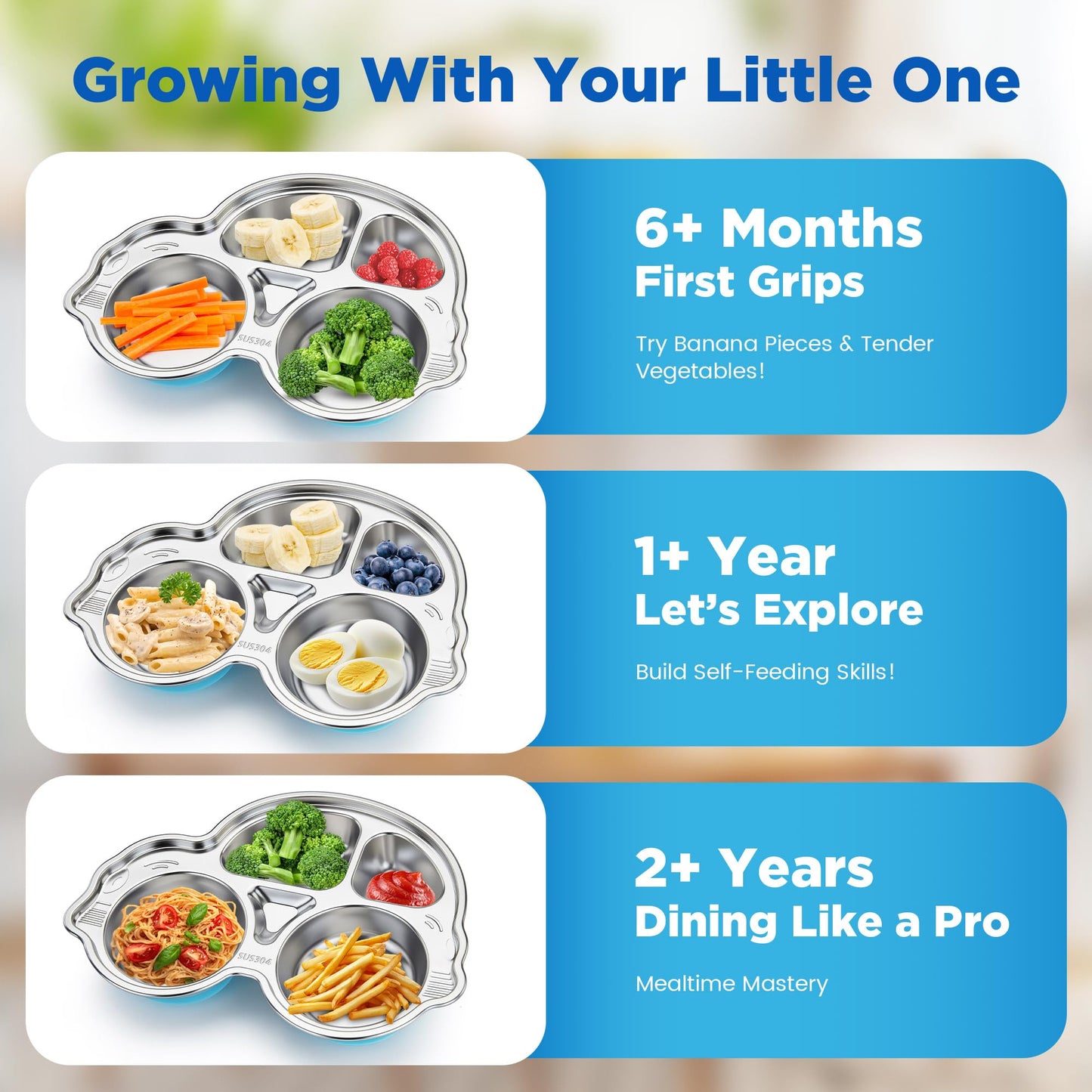 Stainless Steel Baby Suction Plates: Divided Plates Designed for Babies and Toddlers, Made of 100% Food-Grade Materials Ideal for Baby-Led Weaning BPA-Free Toddler Feeding Dishwasher Safe Blue