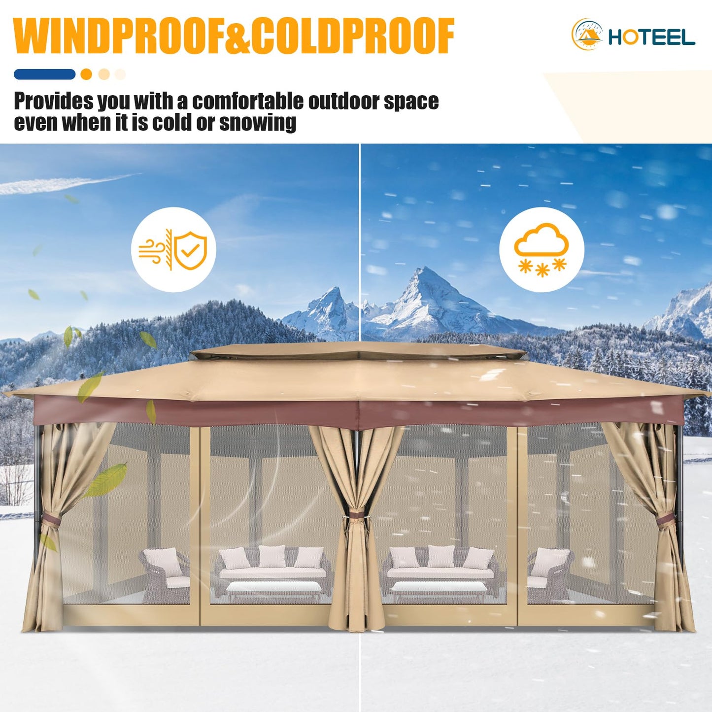 HOTEEL Gazebo 12x20, Outdoor Gazebo on Clearance with Double Ventilated Arc Roof, Privacy Curtains & Mosquito Netting, Easy Set up Canopy Tent with Stable Metal Frame for Patio, Khaki (Upgraded 2.0)