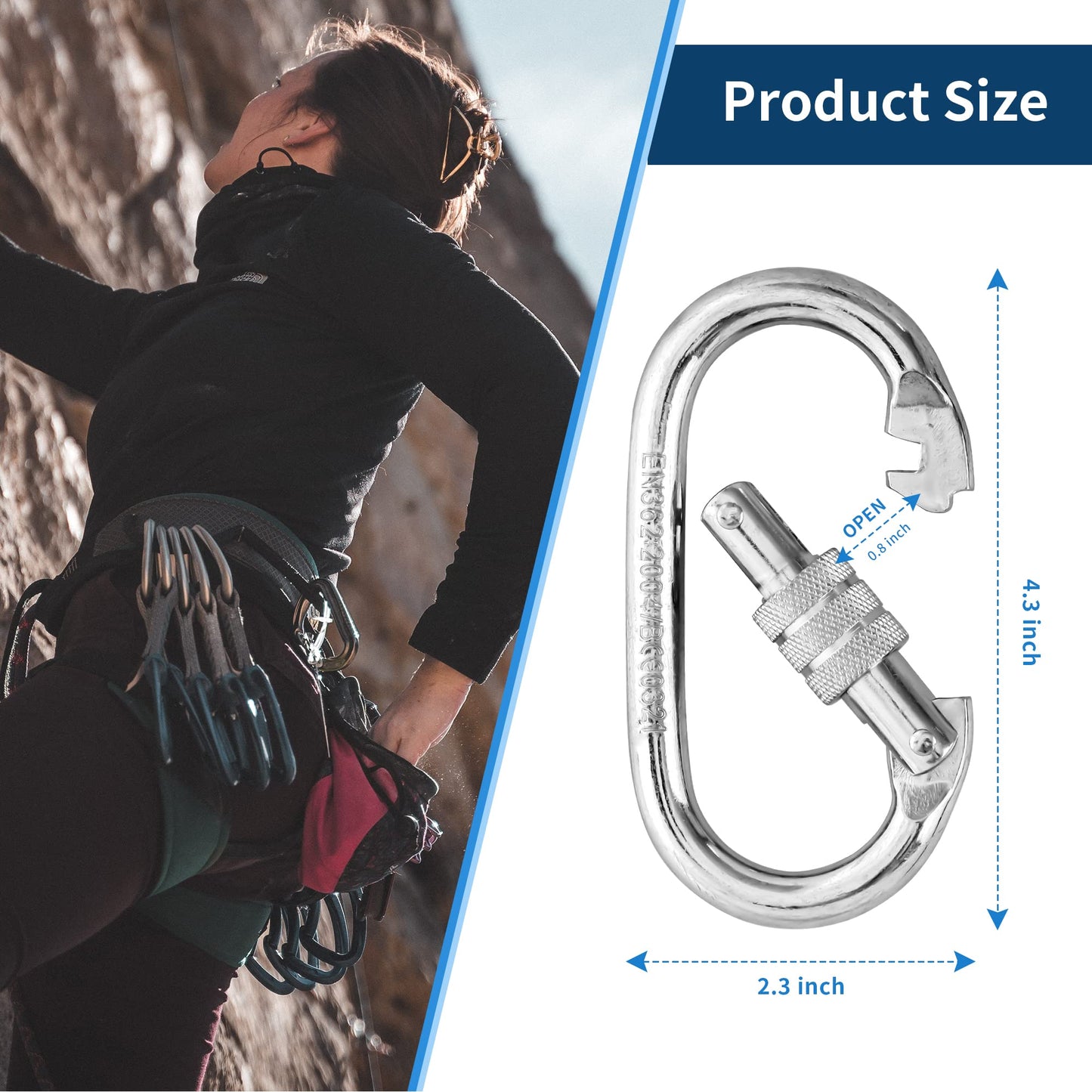 EMEKIAN 4 Pack Oval Indoor Outdoor Climbing Carabiner, Screw Locking Heavy Duty Safety Caribeener Clips, 25 KN (5600 LBS) for Hammock, Rope, Hiking, Camping