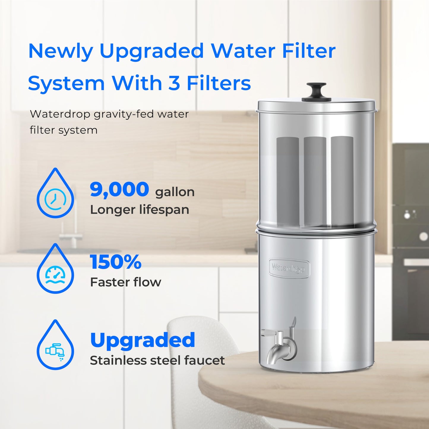 Waterdrop TK-AE Gravity Water Filter System, with 3 Black Carbon Filters and Metal Spigot, 9000 Gallon Longer Lifespan and 150% Faster Flow for Home, Travel, Emergencies, 2.25G