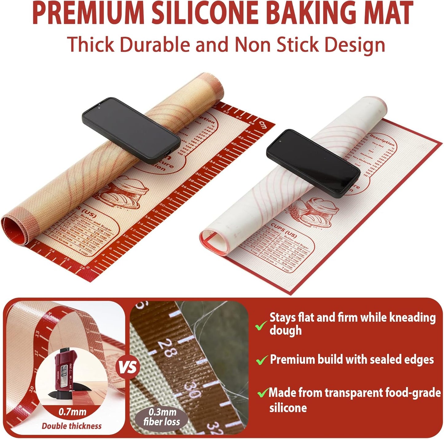 Skiennix Silicone Baking Mat - Non-Slip Dough Rolling Mat with Measurement Guides | 20x28 Inch Reusable Kneading Board for Bread, Pizza, Cookies, Fondant